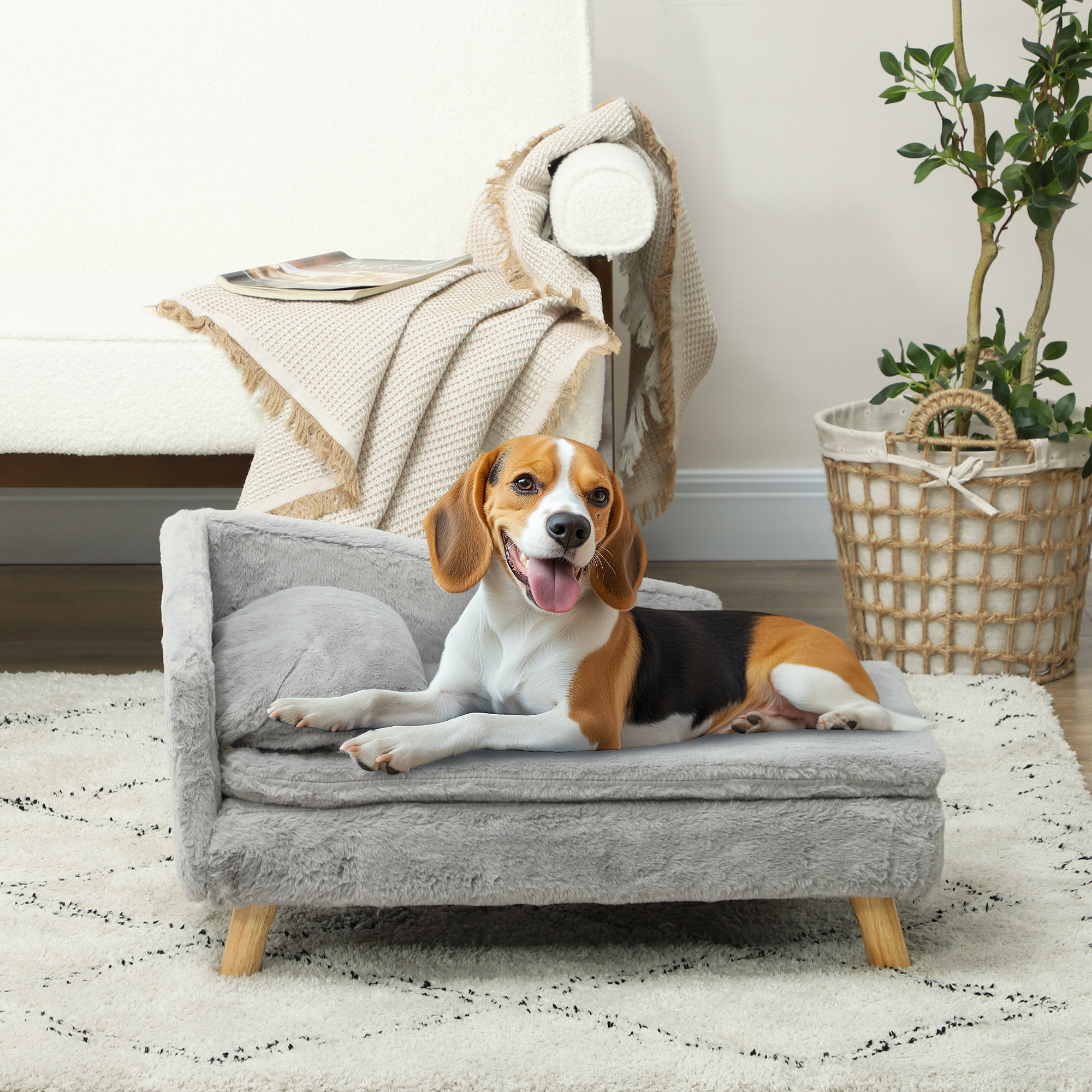 PawHut Hundesofa, weicher Plüschbezug, 2 Kissen, für Hunde bis 15 kg, 70 x 42,5 x 38,5 cm, Hellgrau