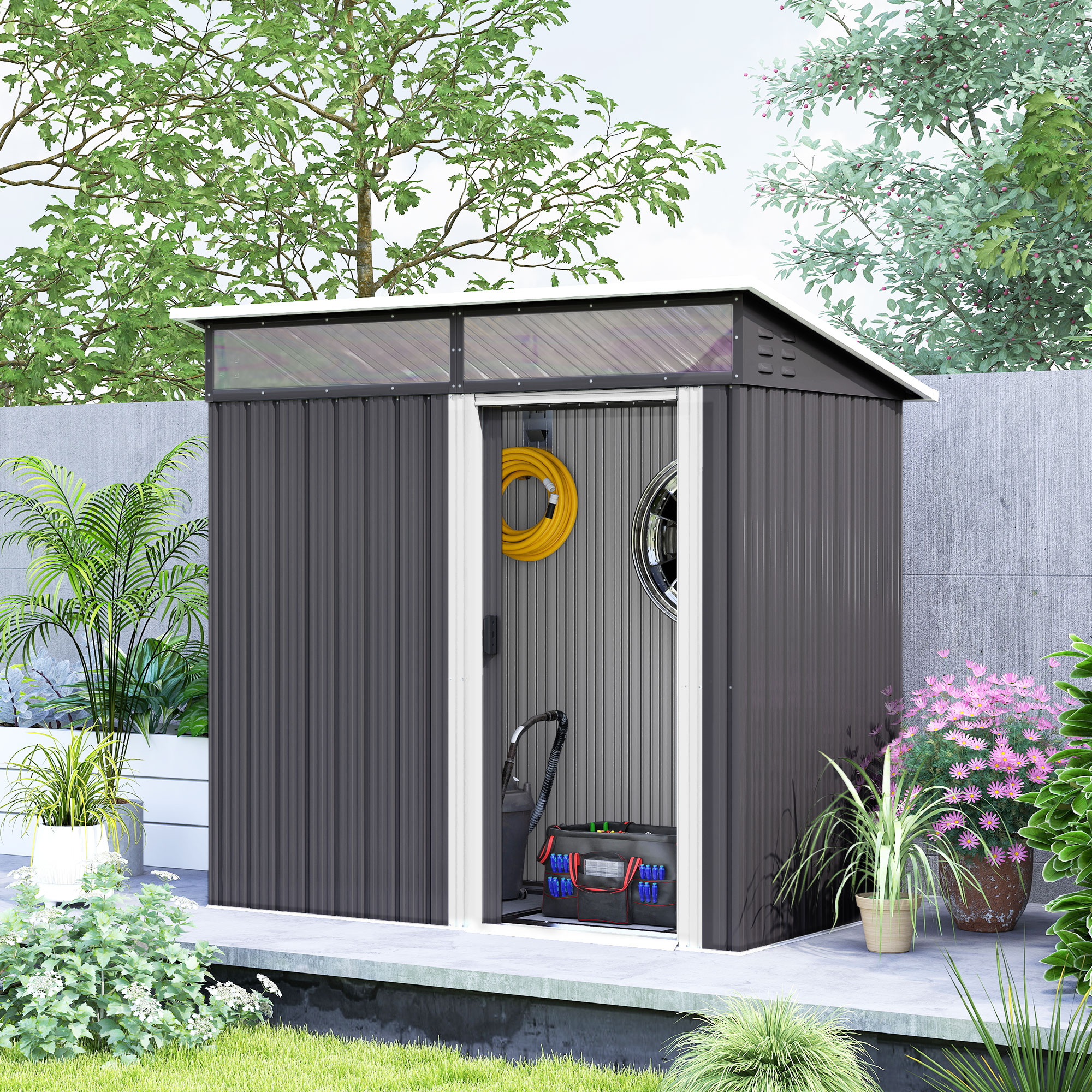 Outsunny Tuinschuur, Gereedschapsschuur met Vensters, Ventilatieopeningen, Schuifdeur, Waterdicht Staal, Weerbestendig, Donkergrijs