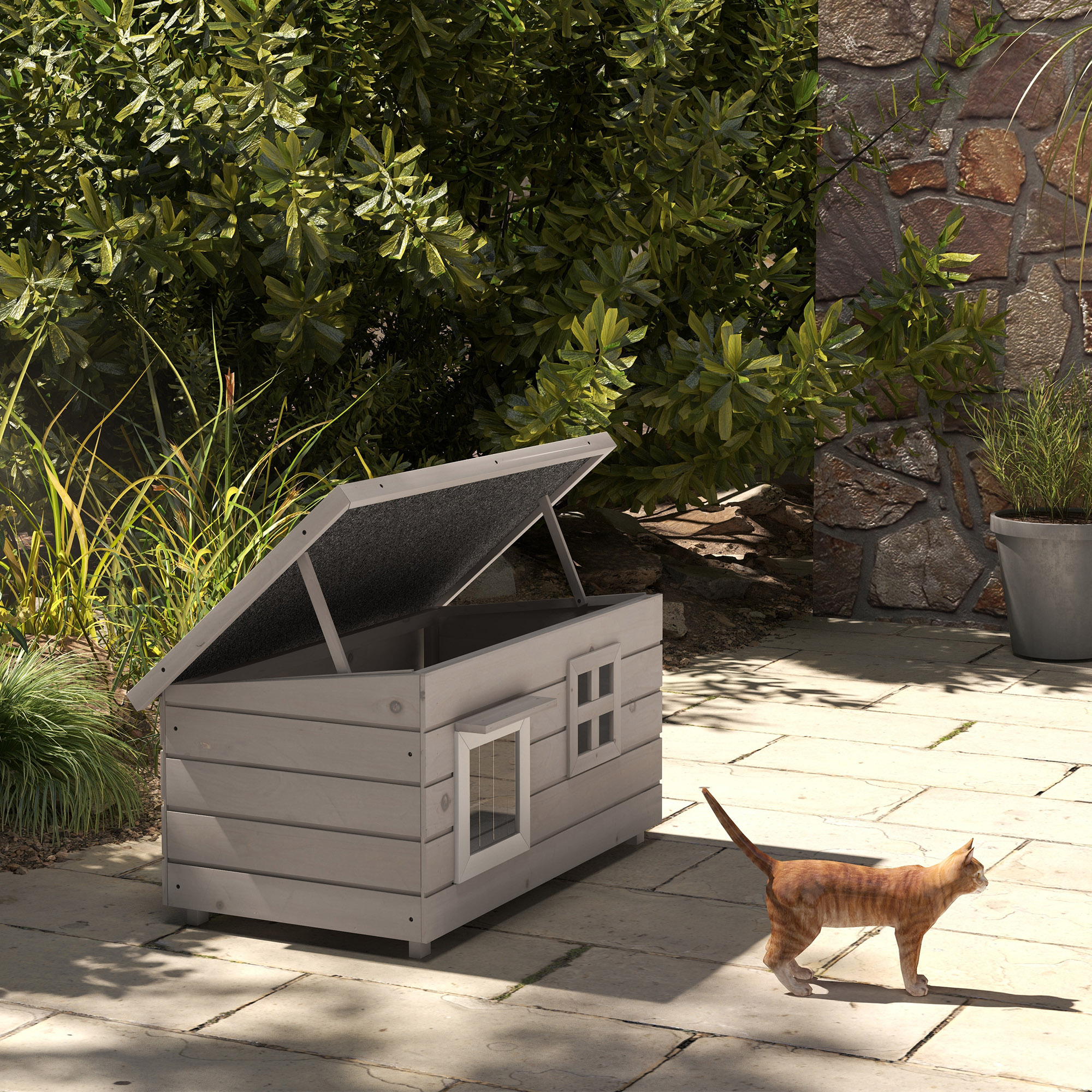PawHut Katzenhaus Katzenhütte mit Asphaltdach Katzenhöhle Kleintierhaus mit Fenster für Katzen Hunde Outdoor Winterfest Tannenholz Grau Schwarz 87 x 52 x 44 cm