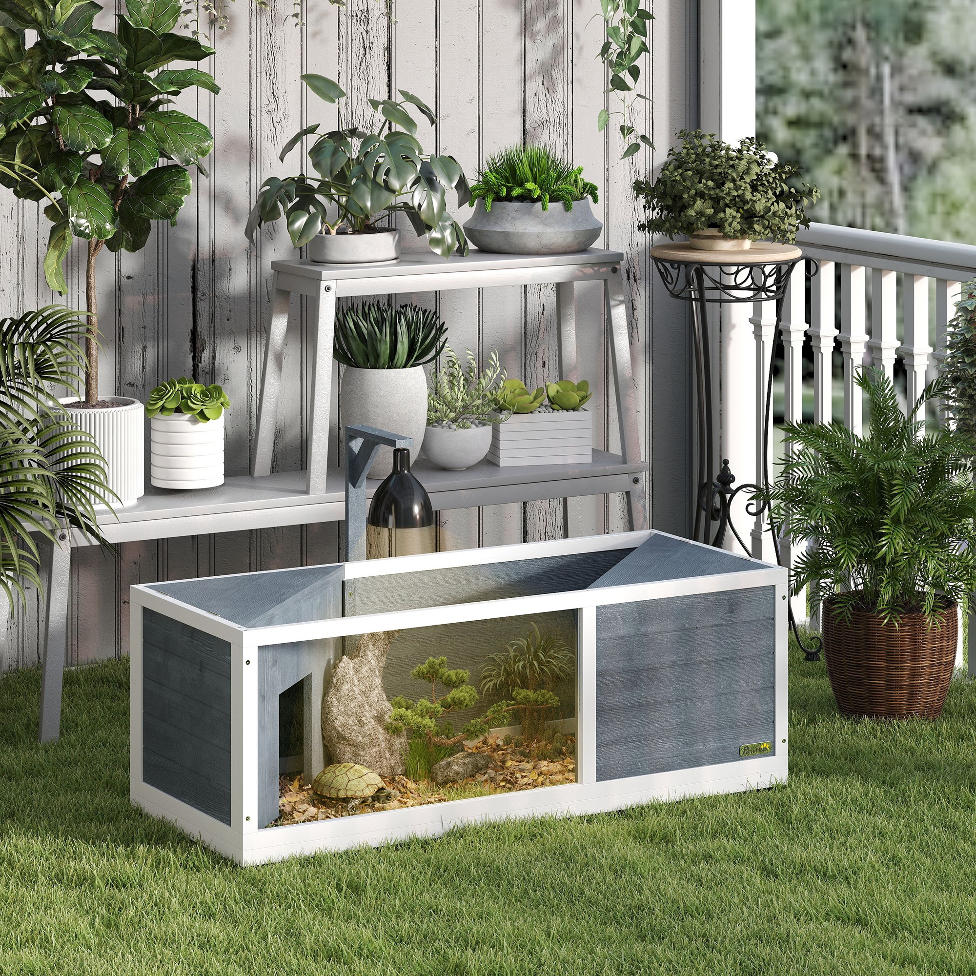 PawHut Schildkrötenhaus mit leicht zu öffnender Oberseite, Lampenvorrichtung, transparenter Front, 120 x 50 x 40 cm, Grau