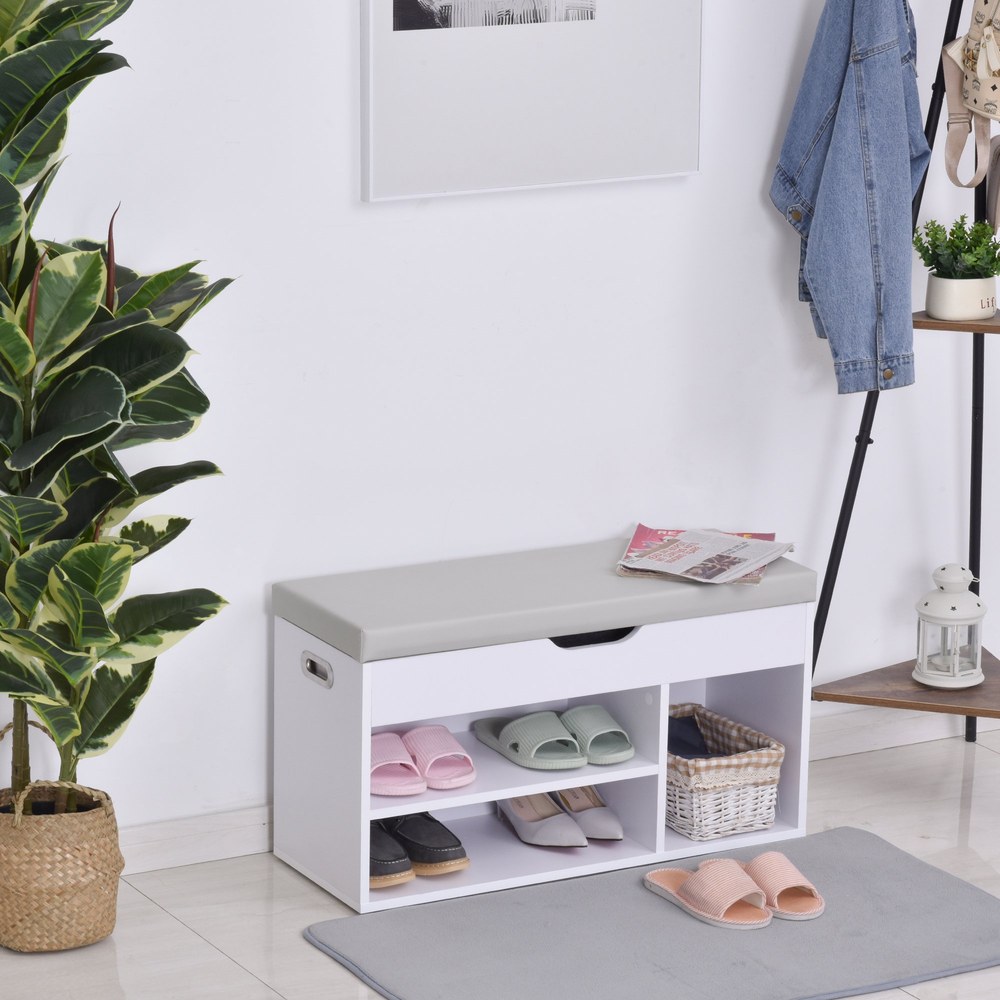 HOMCOM Schuhbank mit Stauraum Sitzbank Sitztruhe Eingangsbereich Diele PU Weiß 80 × 30 × 43 cm