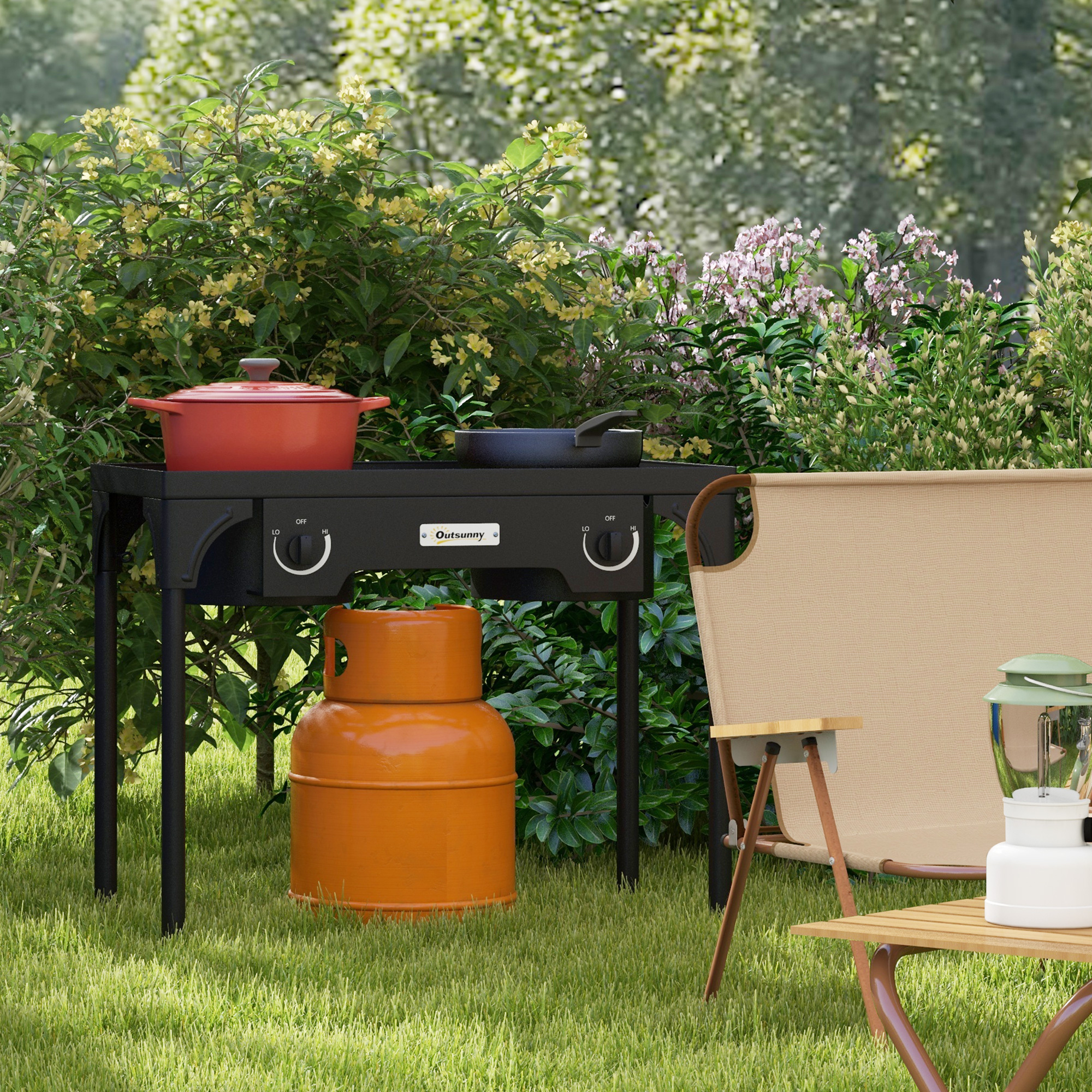 Outsunny Gaskocher mit 2 Brennern 150.000 BTU aus Gusseisen mit abnehmbaren Beinen, Schwarz