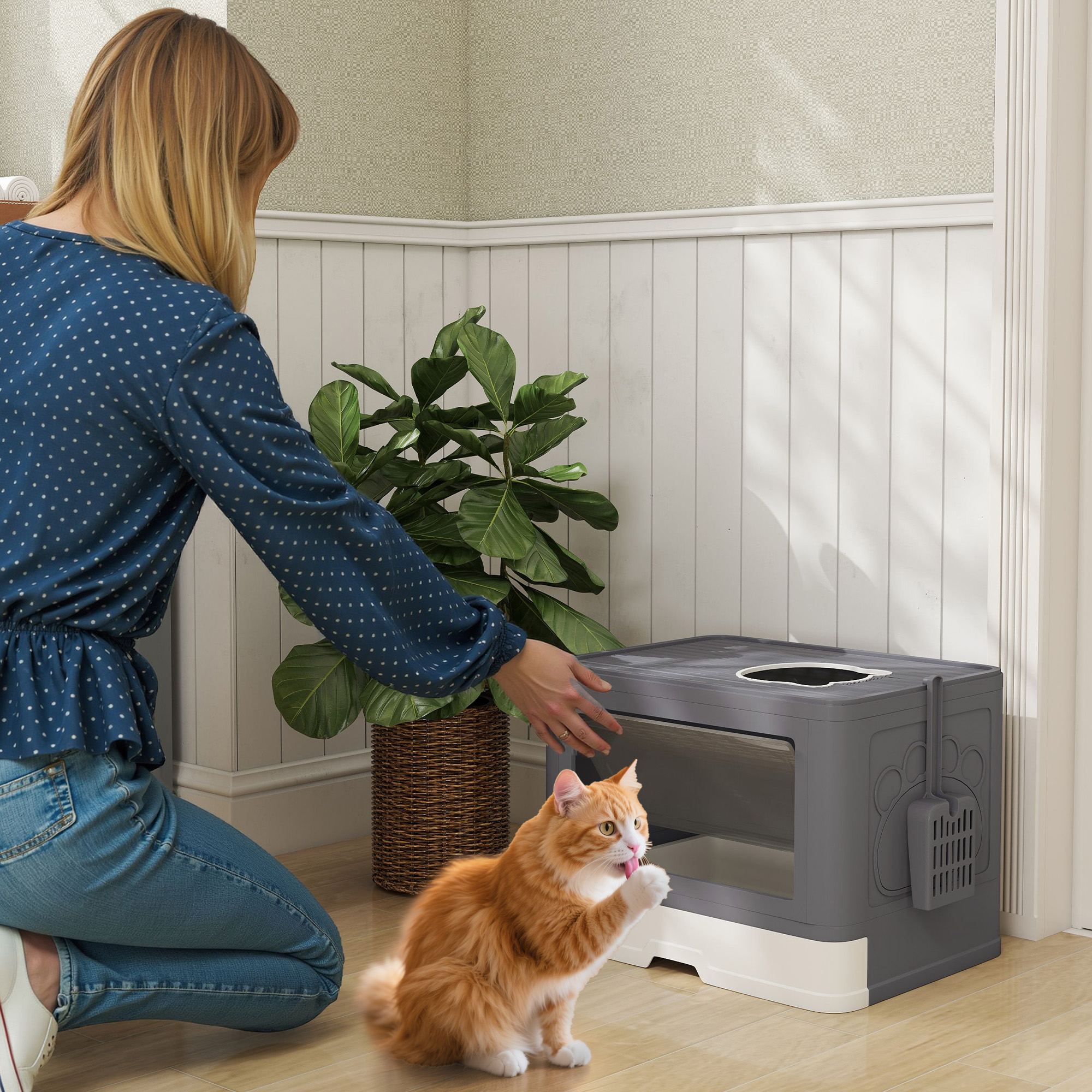PawHut Katzentoilette Katzenklo Katzentoillete mit Abdeckung, 2 Ausgänge, 48,5 x 38 x 36,5 cm, Grau + Weiß