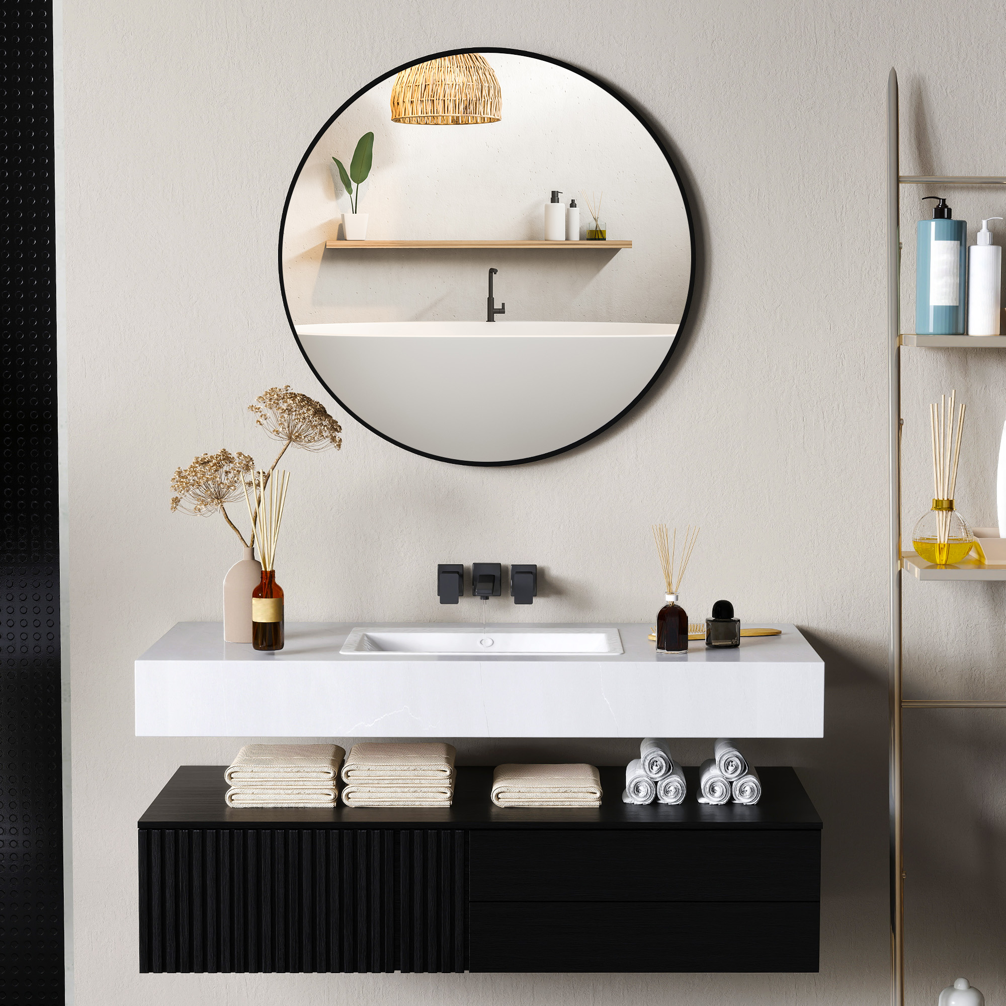 HOMCOM Runder Badezimmerspiegel mit Metallrahmen, einfach zu installieren, für Schlafzimmer, Wohnzimmer, Eingangsbereich, Ø 70 x 2,5 cm Schwarz
