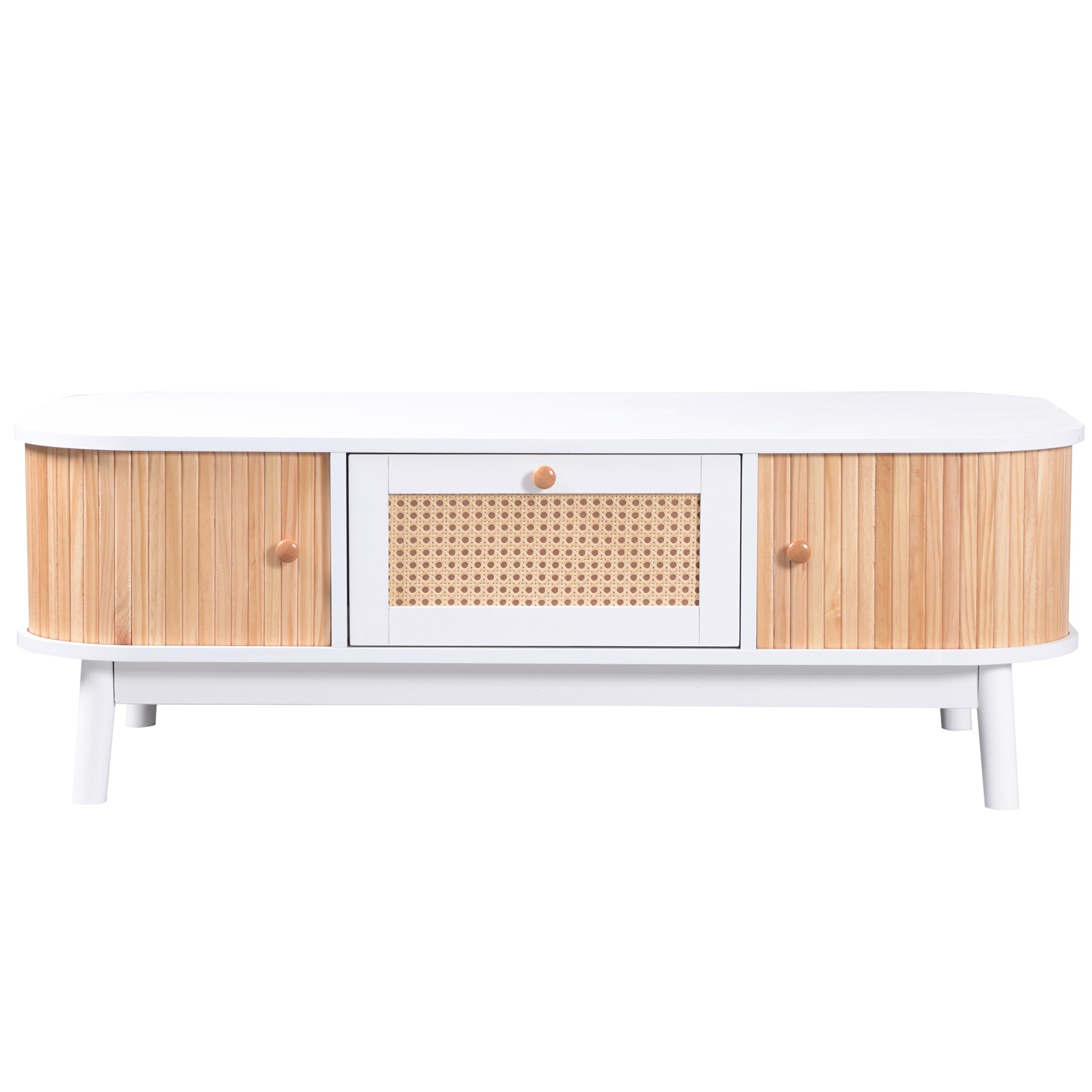 Couchtisch aus Rattan mit Massivholzbeinen, Schubladen und Schiebetüren im natürlichen Landhausstil, Holzfarbe und Weiß