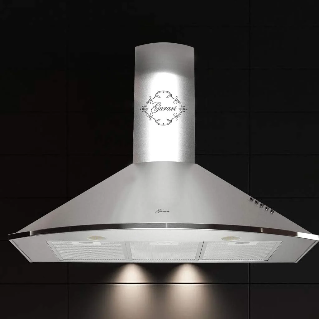 Gurari Dunstabzugshaube, 90 cm, 1000m, Silber, C 046 Edelstahl, Sehr Saugstark, 3 Stufen, Drückknöpfe, Wandhaube