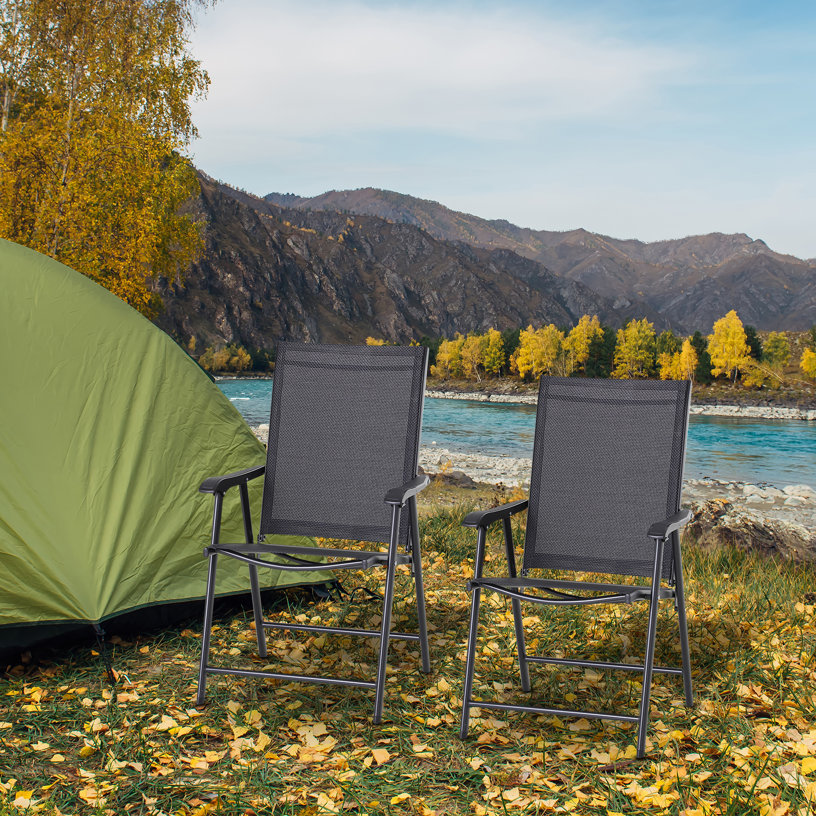 Outsunny Klappstuhl mit Armlehne 2er Set Campingstuhl Angelstuhl Metall Schwarz 58 x 64 x 94 cm