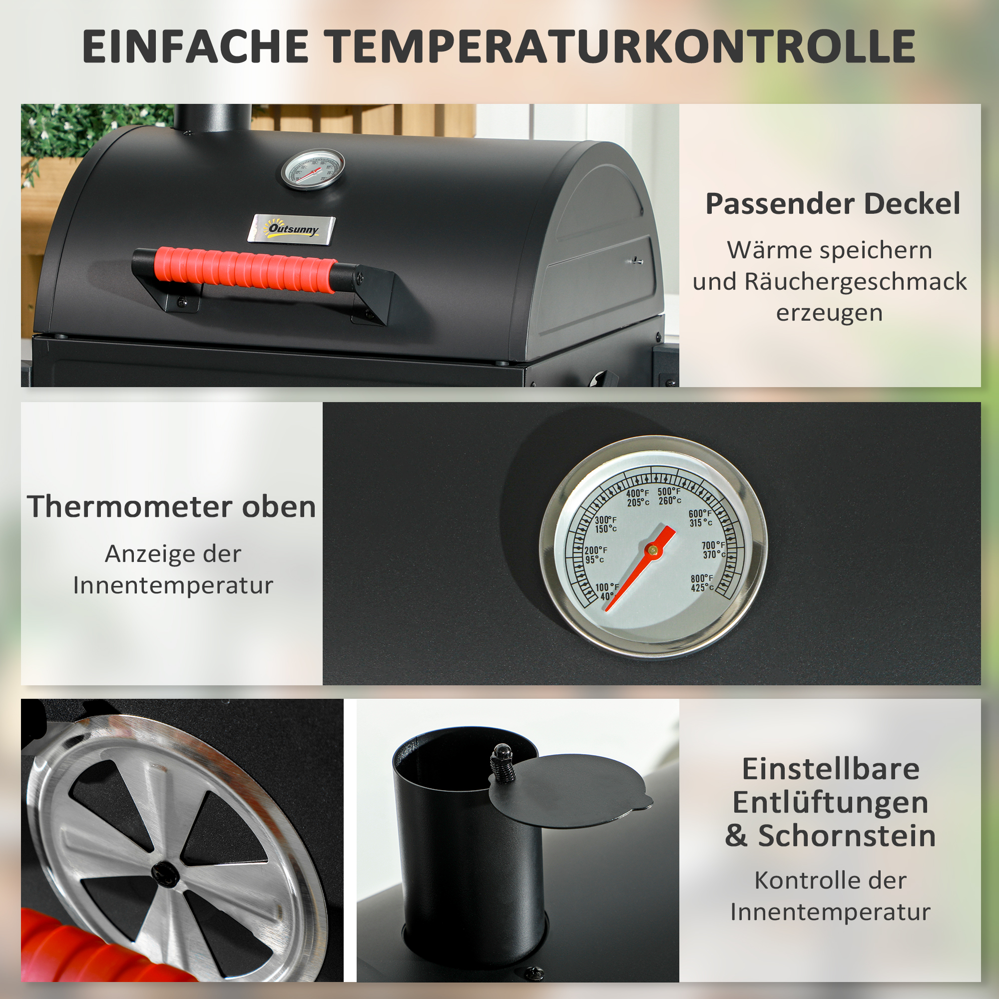 Outsunny Houtskoolgrill met Deksel, Warmhoudrooster, Aslade, Thermometer, Roestvrij, 68,5x50x54cm, Zwart/Rood