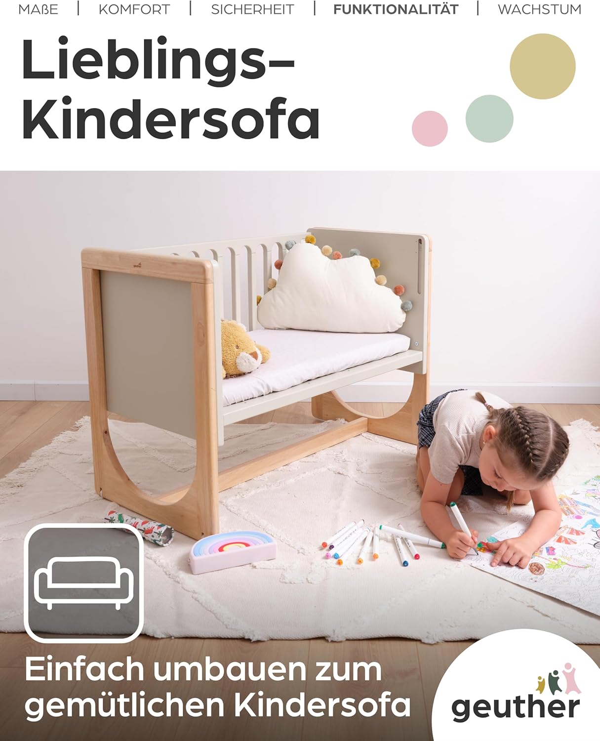 Geuther 4-in-1 Beistellbett Baby Hato, Baby Erstausstattung für Babyzimmer ab Geburt I Gitterbett umbaubar als Kinderbett, Sitzbank oder Kindertisch I Babybett mit Matratze I Buchenholz, Natur-Beige