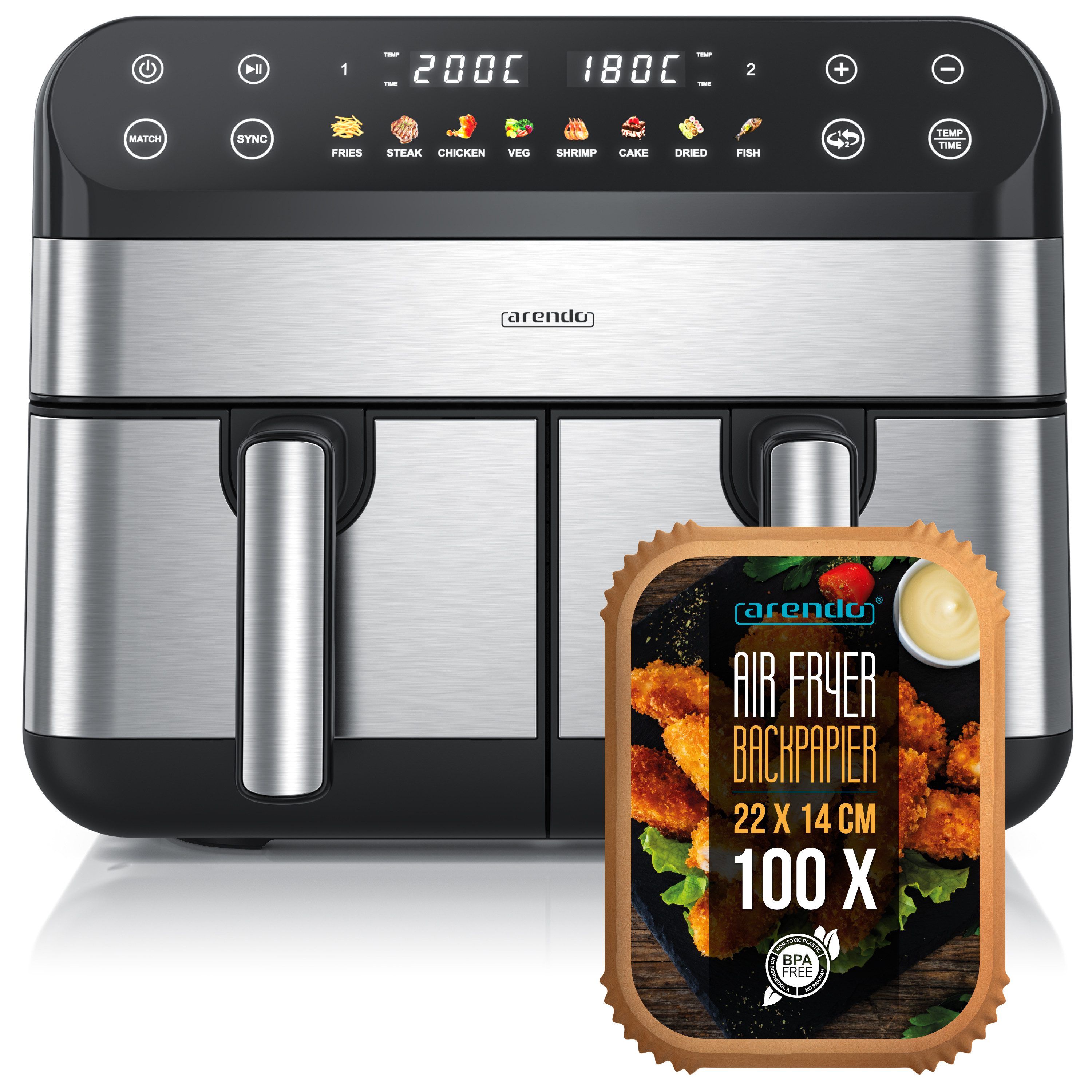 Heißluftfritteuse XXL Doppelkammer Airfryer 9L mit Backpapier und Zubehör, Dual Zone