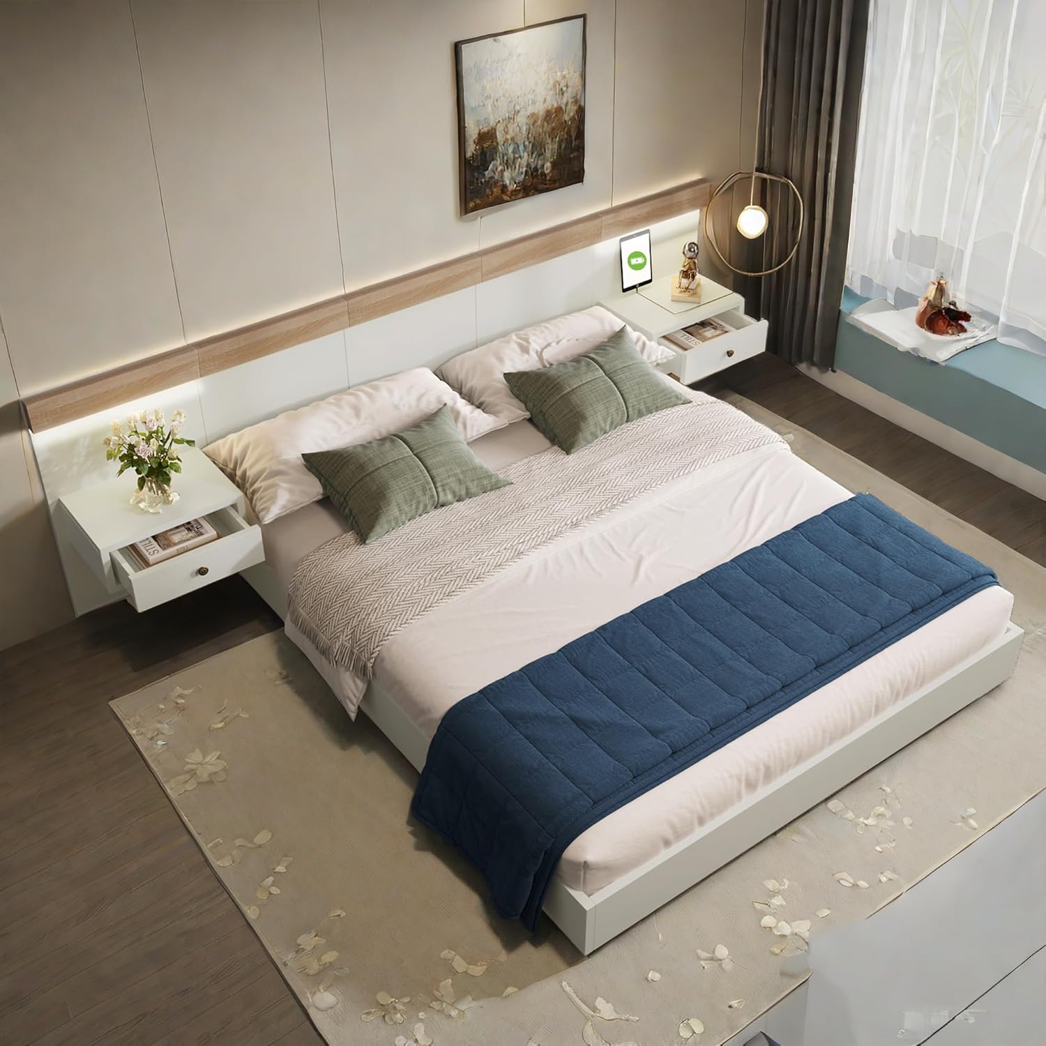 Bed 160 x 200 cm with Slats and Head, Trunk Bed with 2 LED Night Tables and USB Socket, 2 Person Storage Bed, Double Frame, White Oak Set (No Mattress)
