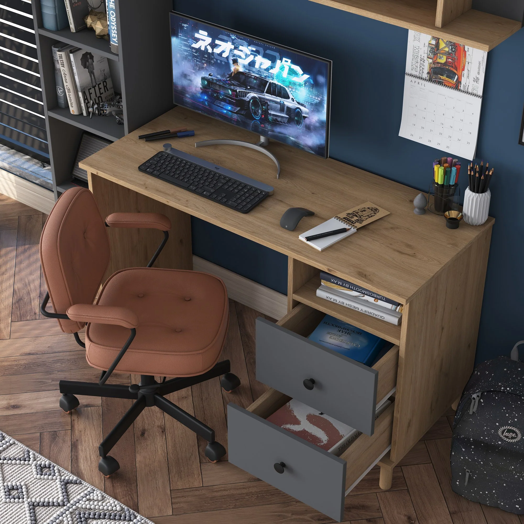 Composizione studio moderna con scrivania libreria e mensola antracite e naturale