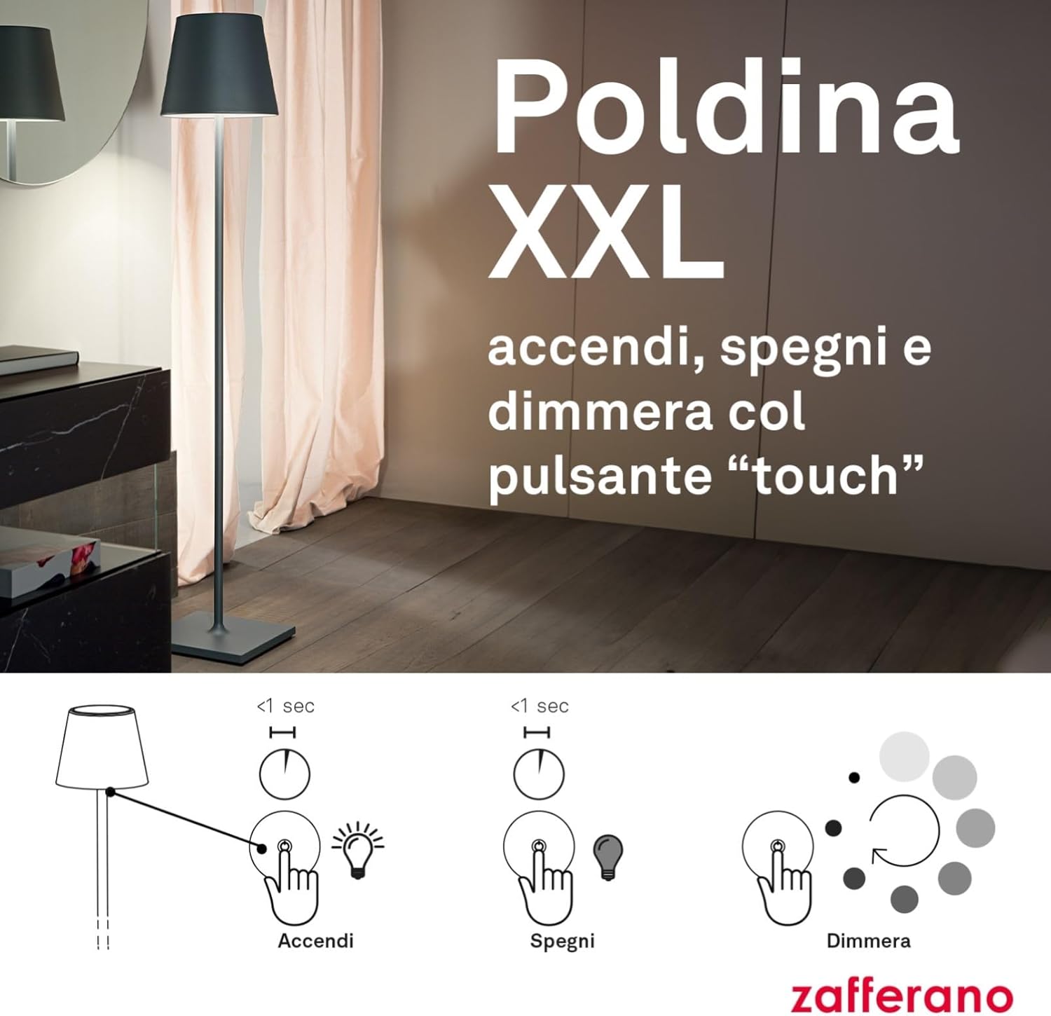 Zafferano, Poldina XXL, Rechargeable and Wireless Floor Lamp with Touch Control, Suitable for Living Room and Outdoor, Dimmer, 2700-3000 K, Adjustable Height 69-150 cm, White