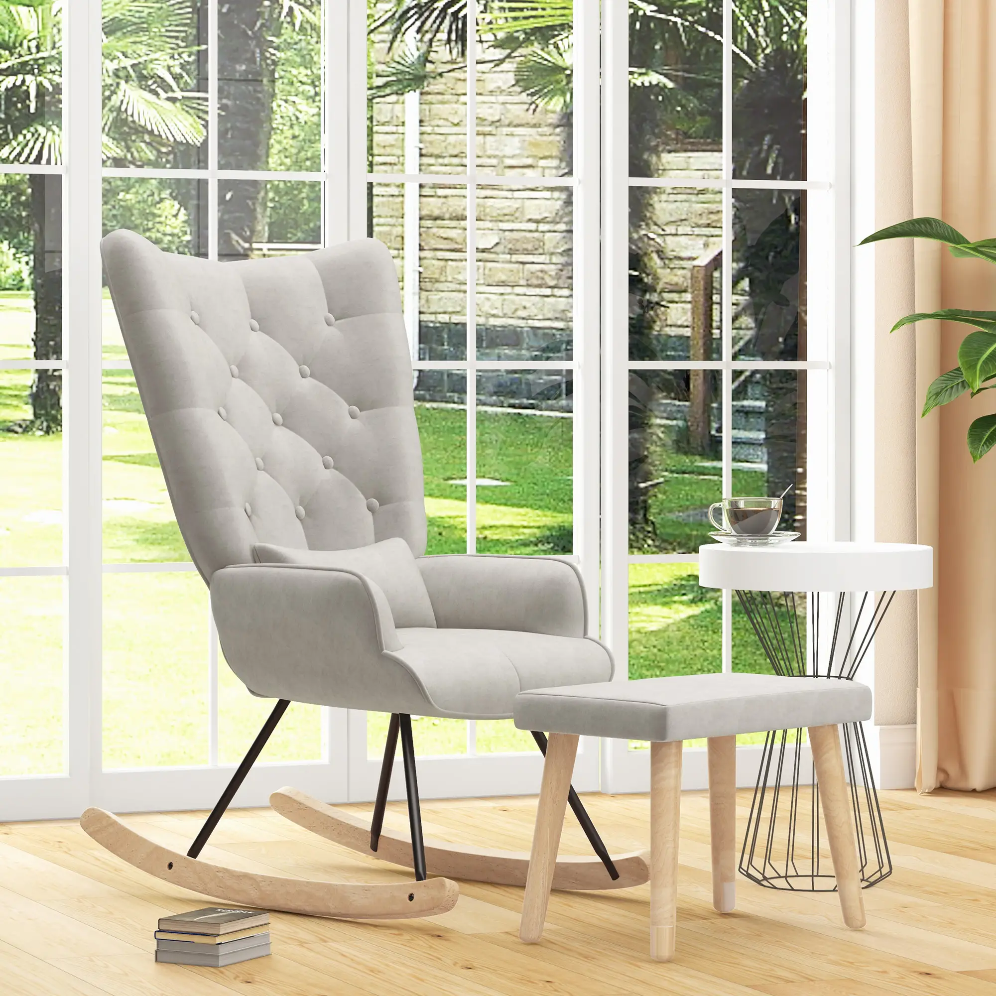 HOMCOM Relaxsessel mit Hocker Schaukelstuhl Set Samt Cremeweiß