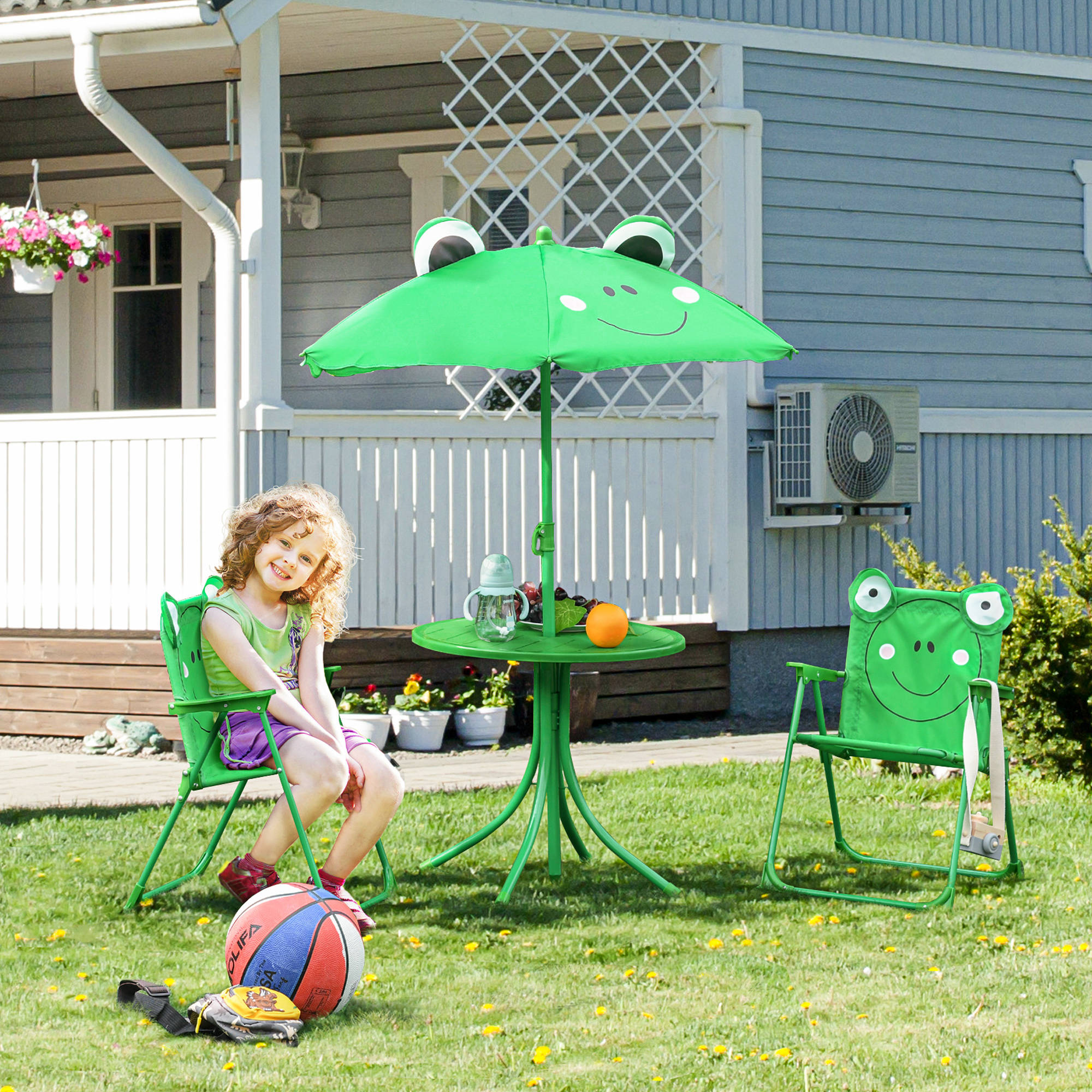 Outsunny 4tlg. Kindersitzgruppe Garten Gartentisch 2 Klappstühle Sonnenschirm Camping Kindersitzgarnitur Gartenmöbel für 3-5 Jahre Grün