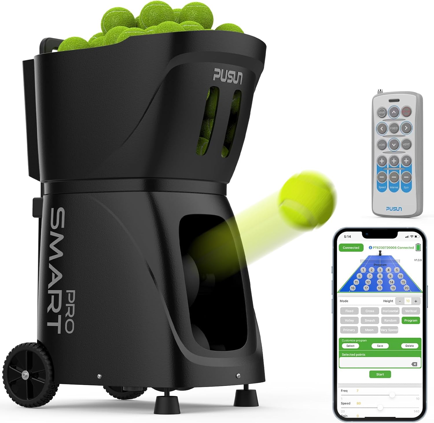 PT-SMART Pro Tennisballmaschine - Premium Trainingsgerät mit APP-Steuerung (App für Watch), 20 Landepunkte & 12 Modi, Tennis Trainer (4-6 Std. Laufzeit)