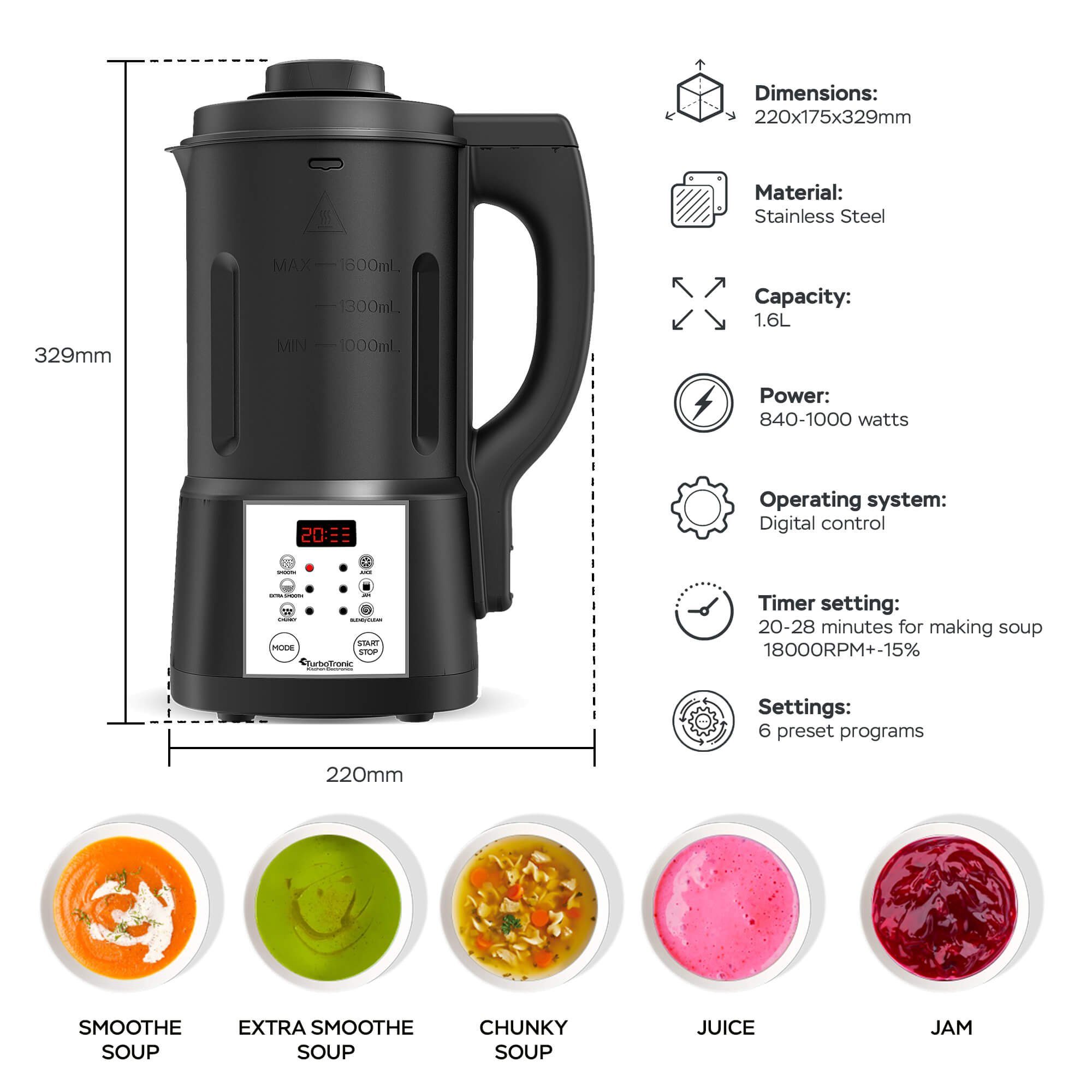 Multikocher 1,6L, 1000 W, 6 Programme, Suppenautomat, Smoothie Maker, Babynahrung