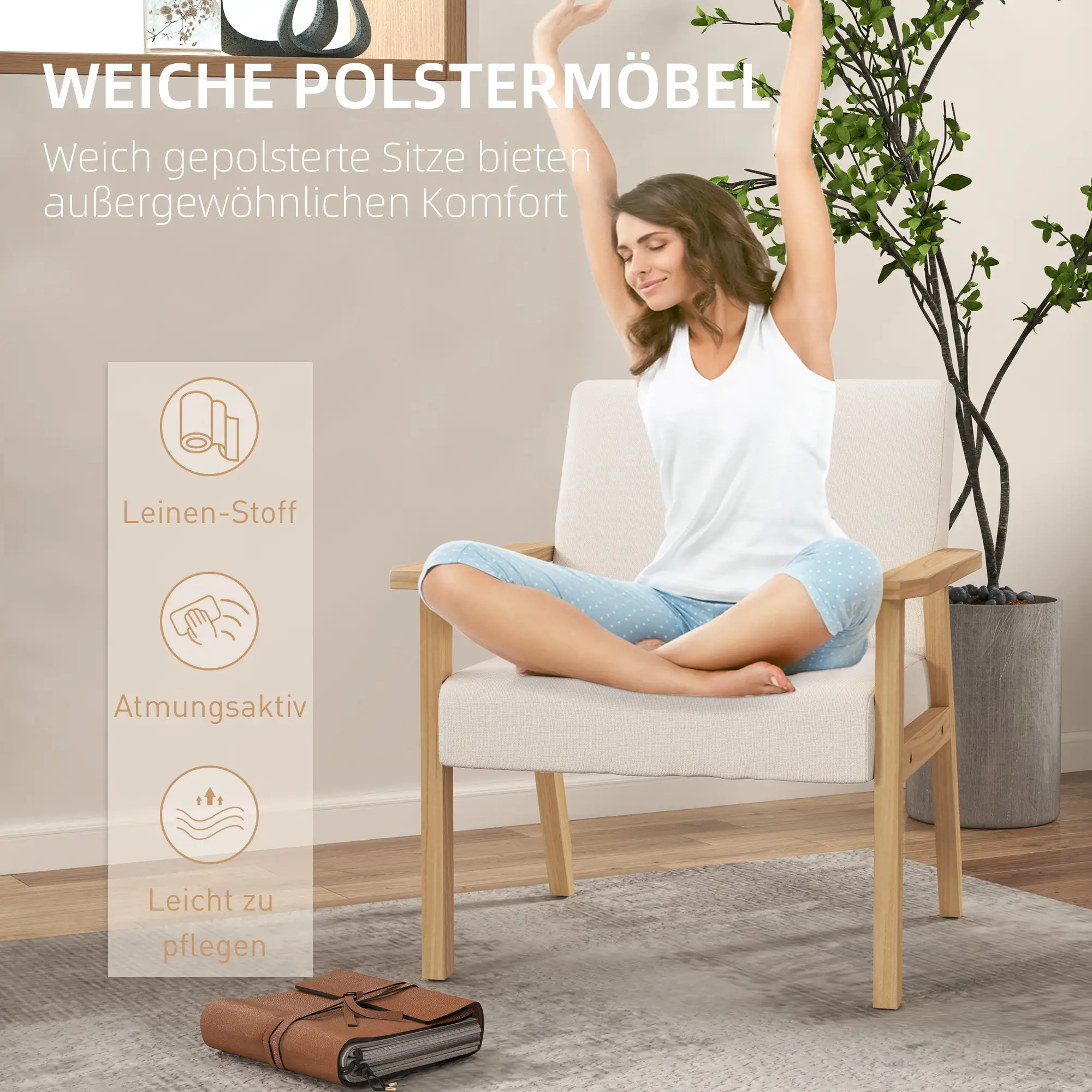 HOMCOM Polsterstuhl Akzentsessel skandinavisches Design breite Sitzfläche cremeweiß
