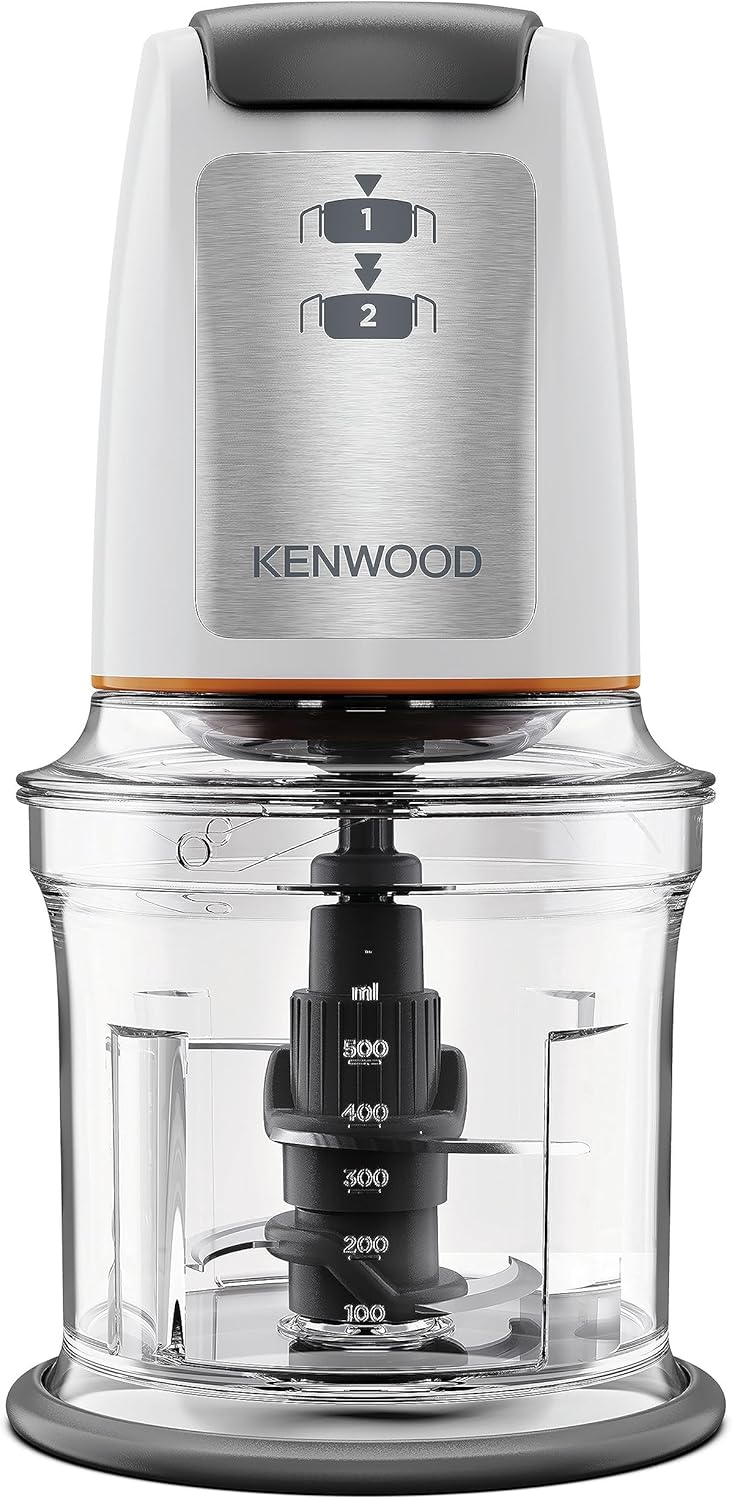 Kenwood Chopper CHP61.100WH, 500W Power, 0.5L Bowl, 2 Speeds, Four Blade System, Non-Slip Ring for Stability of the Chopper, Dishwasher Safe, White/SIlver