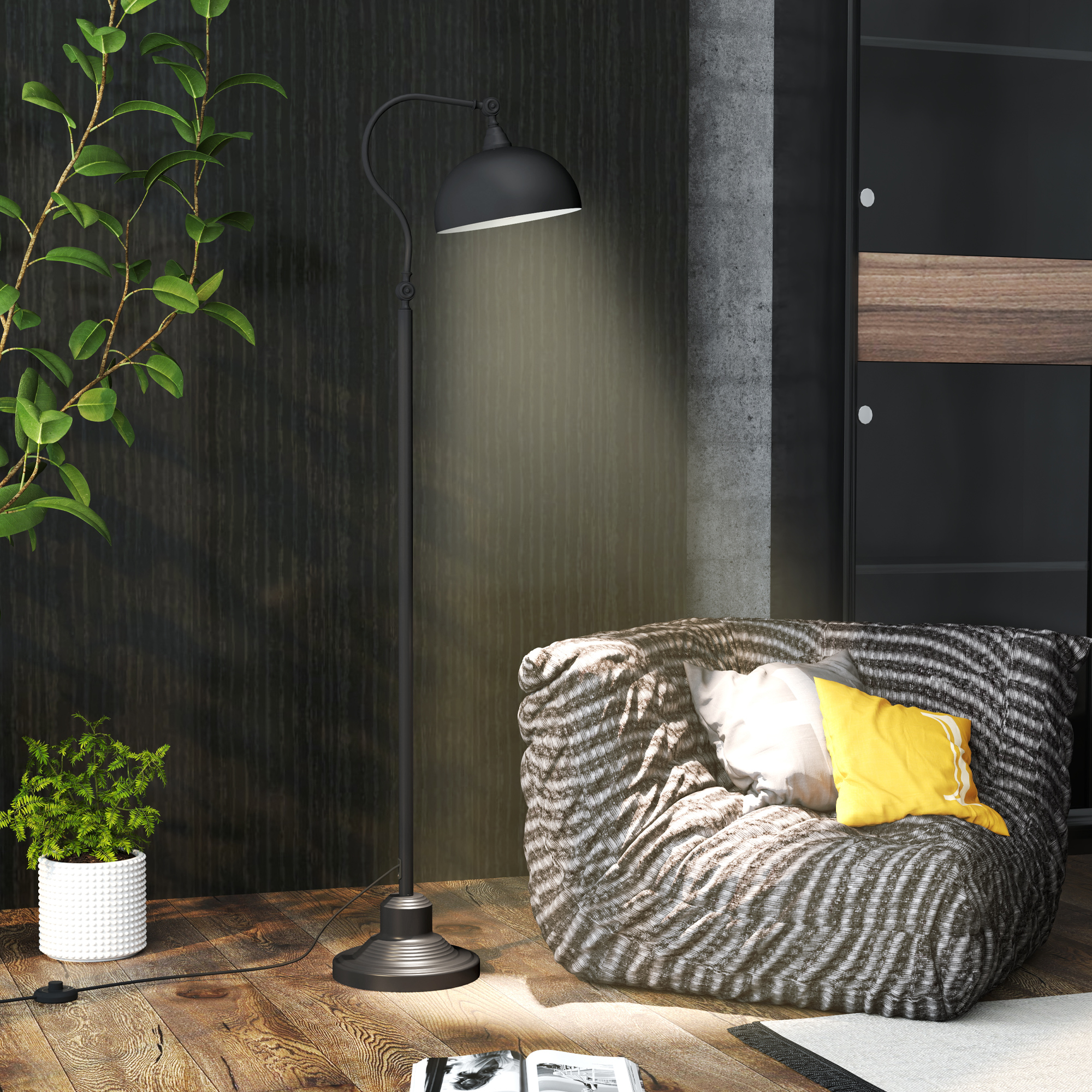 HOMCOM Stehleuchte im Vintage-Design, verstellbarer Winkel, Metall, 42 x 25,5 x 152 cm, Schwarz