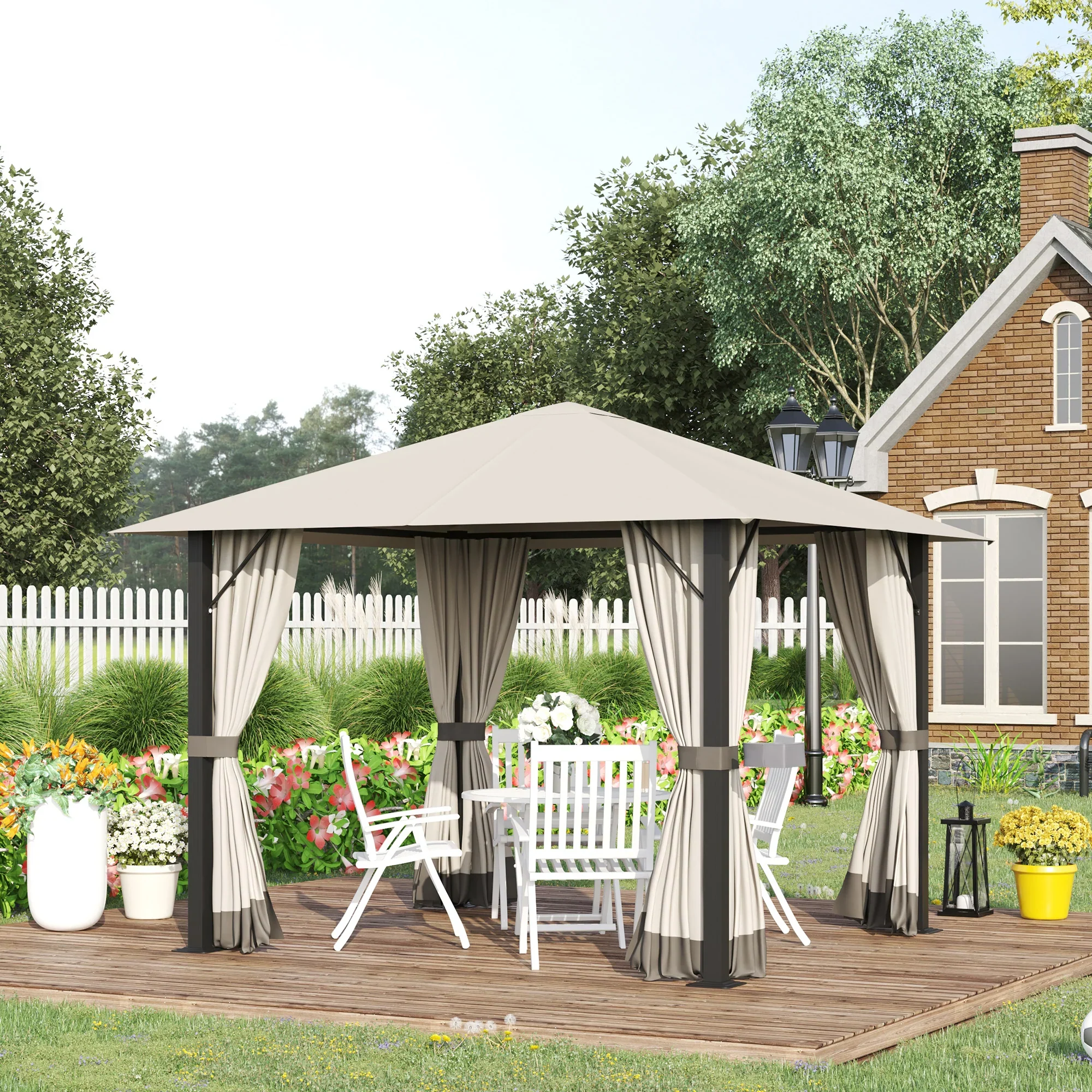Outsunny Paviljoen 3x3 m met zijwanden en ventilatie Khaki