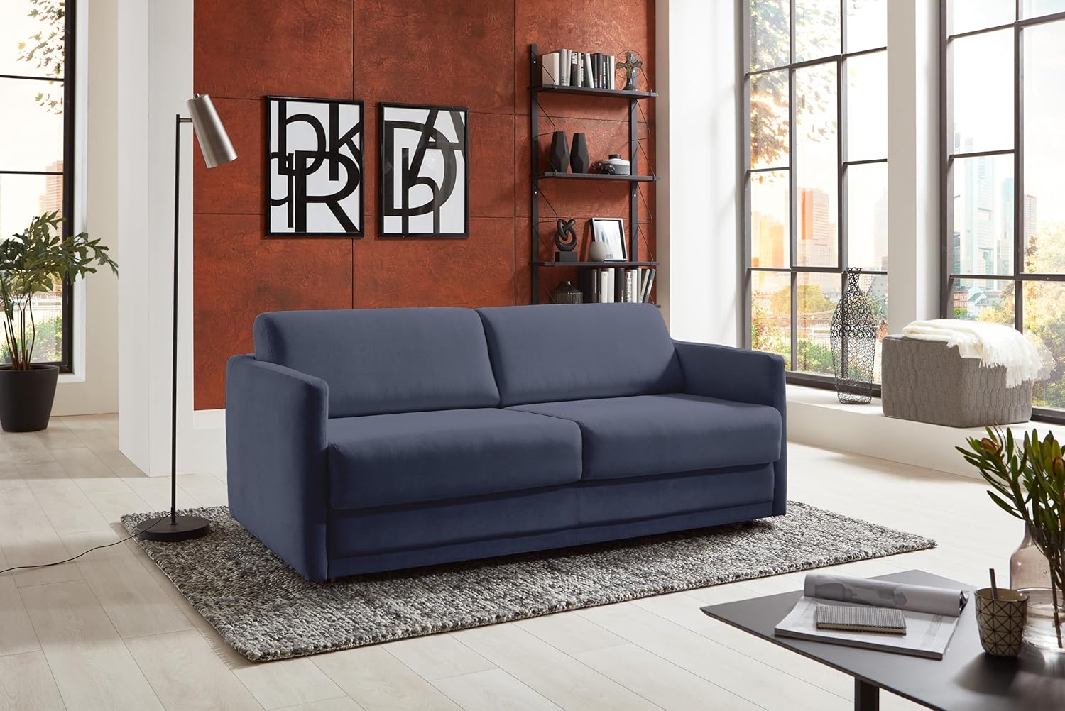 Atlantic Home Collection Divano letto Limone, imbottito di alta qualità, blu scuro, per dormire, con superficie di appoggio 140/200, 193 x 93 x 90 cm (larghezza x profondità x altezza)