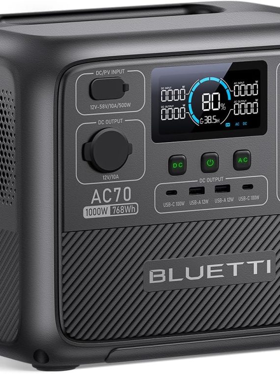 BLUETTI AC70 Portable Power Station, 768Wh LiFePO4 Battery, Dual 1000W AC Outlets, 100W Type C, Solar Generator for Travel & Backup