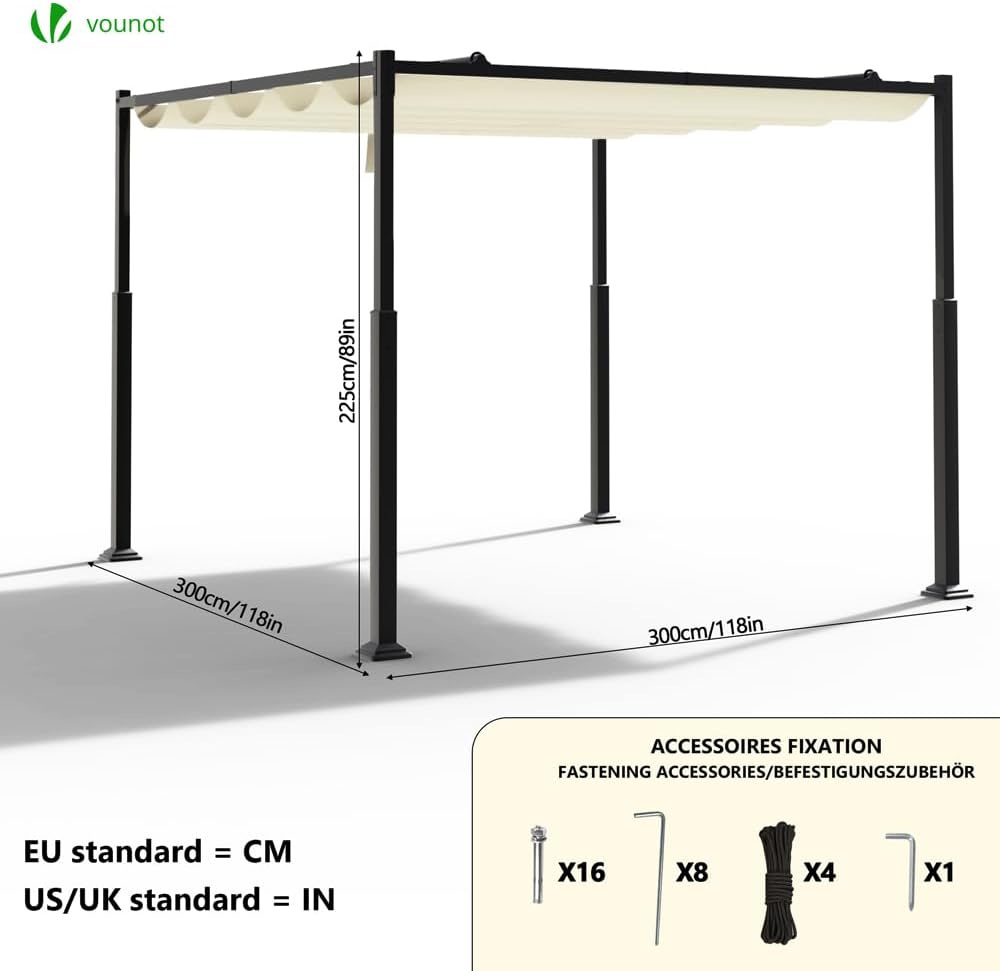 VOUNOT® 3 x 3 m Steel Pergola Gazebo with Retractable Roof, Garden Pergola with Waterproof Folding Polyester Tarpaulin and Rectangular Structure, Awning for Patio Outdoor Terrace, Beige