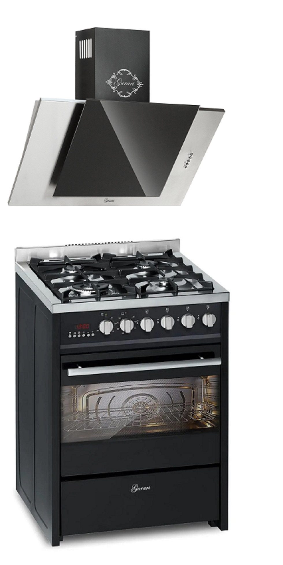 Gas-Standherd 60 cm Schwarze Gasherd mit Elektrobackofen 60 L, Erdgas/Propangas, 4 Kw, WOK, Range Coocker mit Dunstabzugshaube 60cm 1000 m³/h Edelstahl Schwarzglas GCH E 610 BL+GCH S 482 60 IS