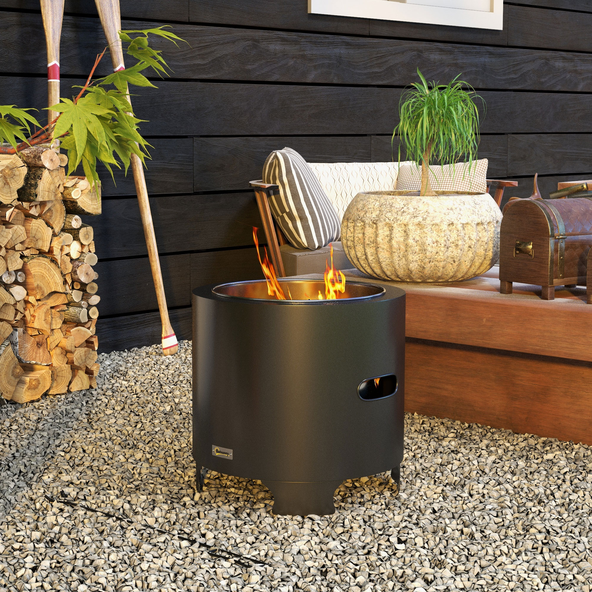 Outsunny Feuerring rauchfrei tragbarer Outdoor-Holzfeuerplatz aus Metall mit Feuerhaken - Durchmesser 45 cm - Schwarz