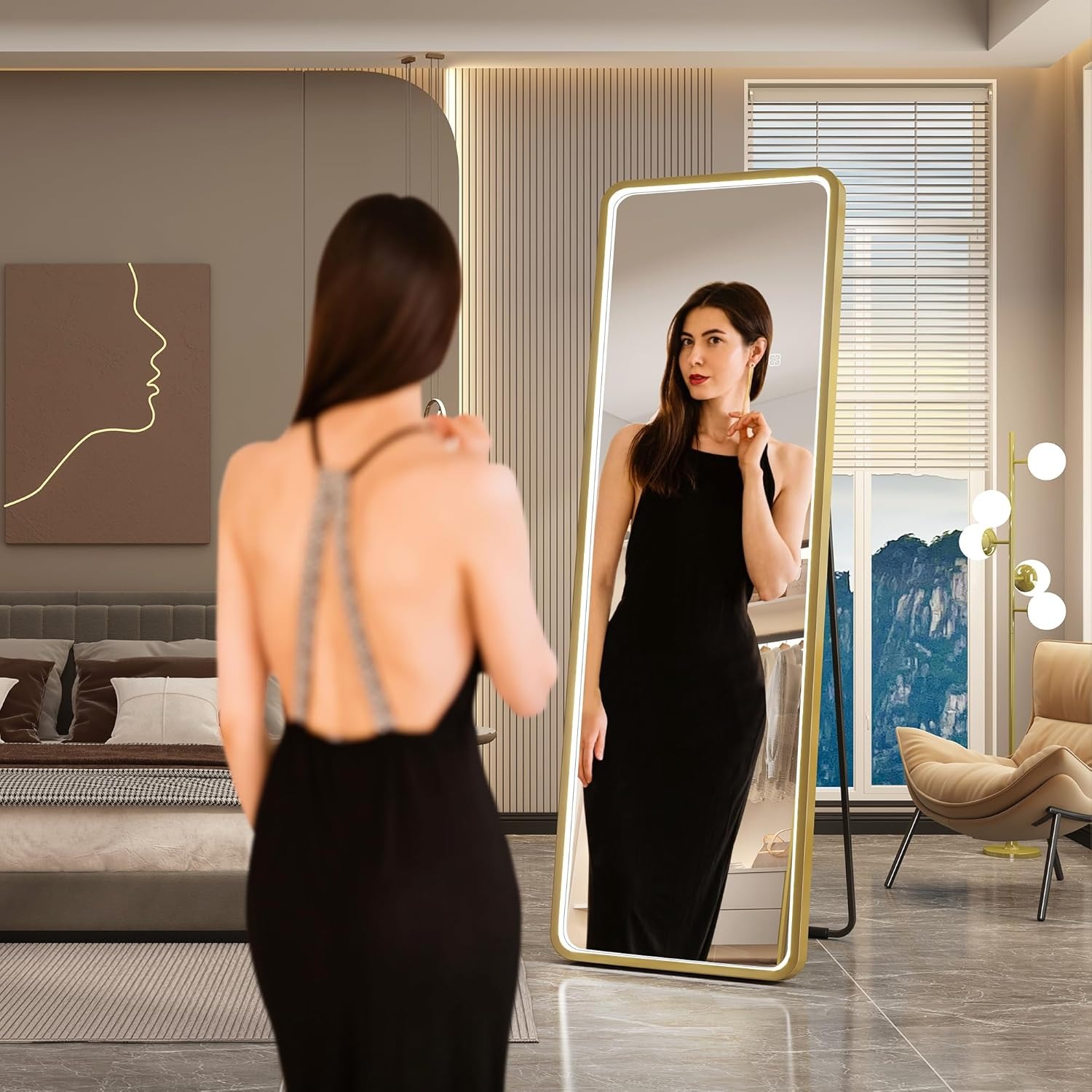 S'bagno Specchio da Parete Lungo con Luci 160x50 cm, Telaio in Alluminio, LED Specchio da Terra 3000-6500K & Memoria, Vetro Rinforzato, Specchio Lungo da Parete per Spogliatoi e Camere da Letto, Oro