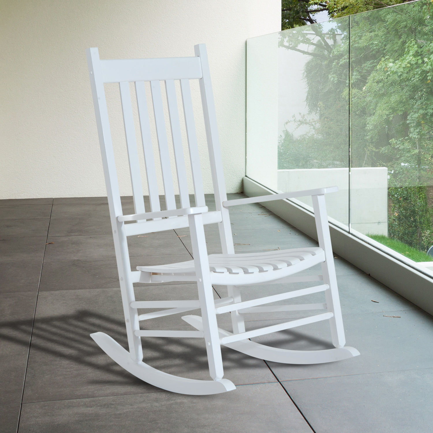 Outsunny Schaukelstuhl aus Holz mit Armlehne Schwingsessel Relaxstuhl Gartenstuhl Weiß 69 x 86 x 115 cm