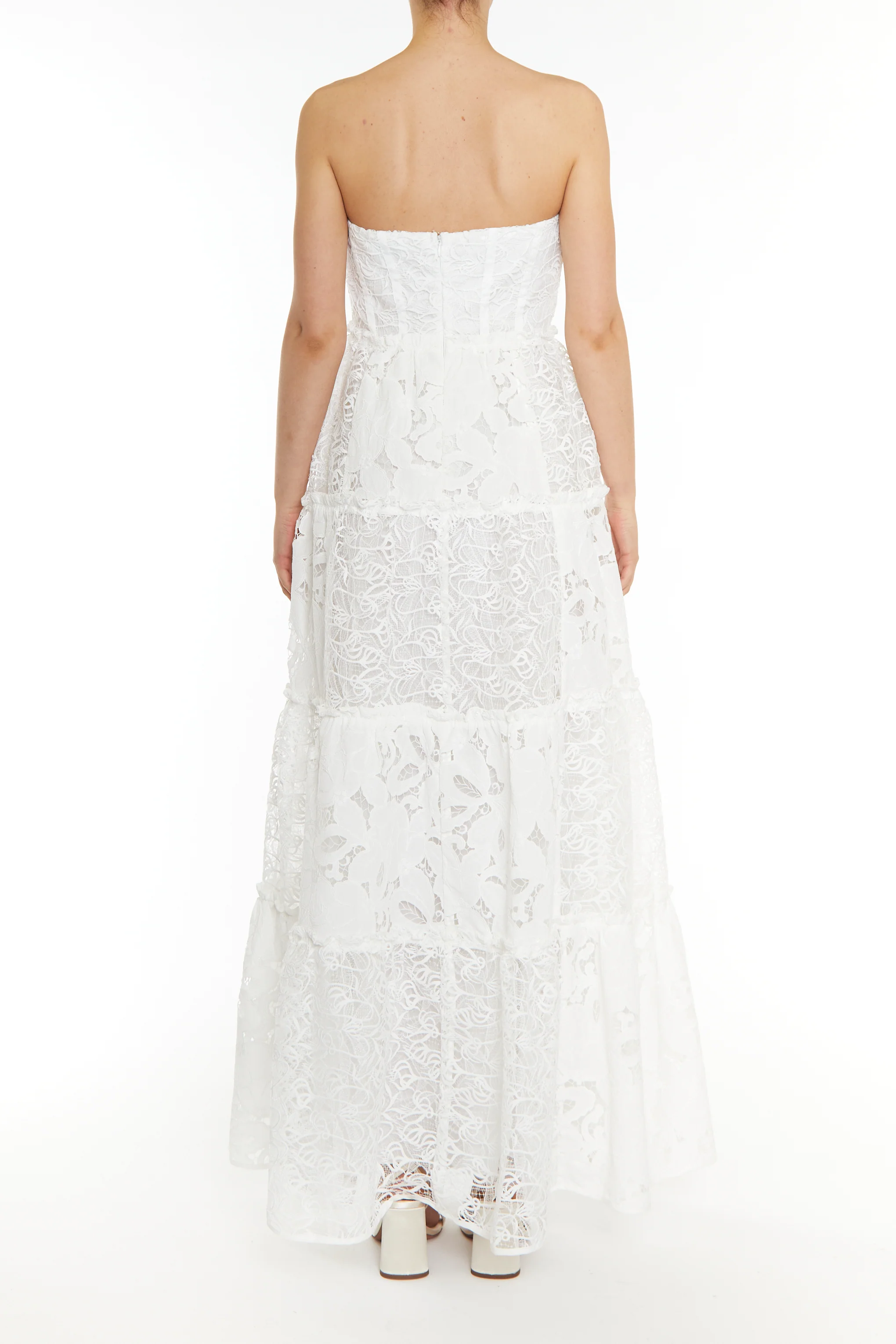 Serena White Patchwork Lace Tiered Bandeau Maxi Dress