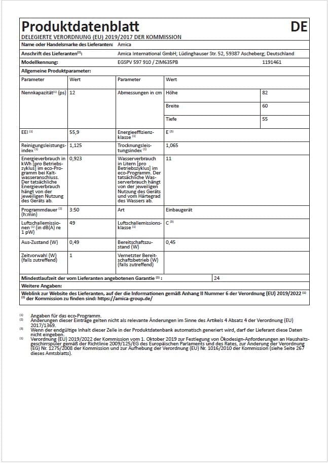 Amica Einbau-Geschirrspüler EGSPV 597 910 / vollintegriert / 60 cm breit / 5 Programme, 12 Maßgedecke/Startzeitvorwahl