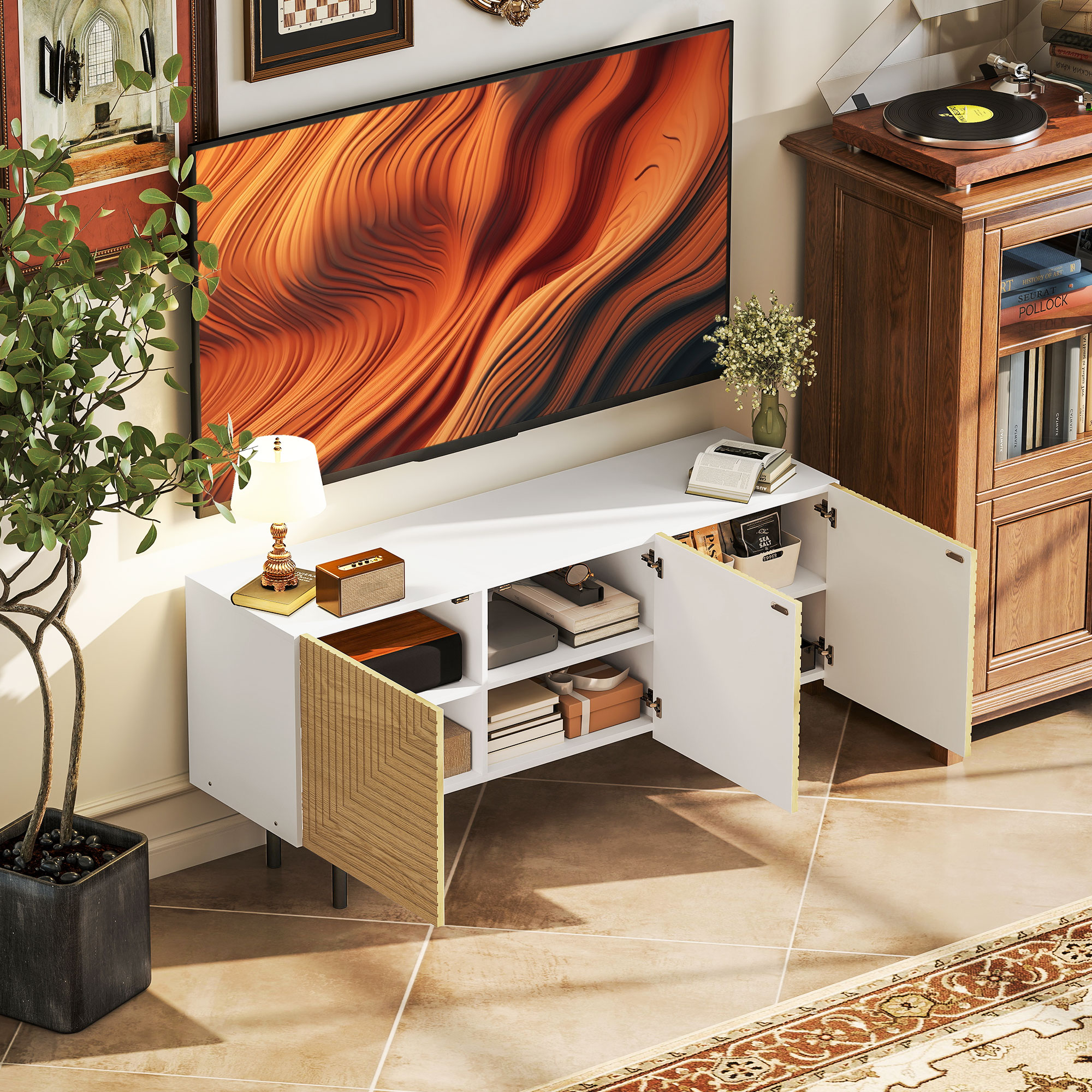 HOMCOM TV-Möbel für bis zu 65 Zoll mit gerillten Schranktüren und Kabelkanal für Wohnzimmer, Schlafzimmer, Naturholz-Effekt