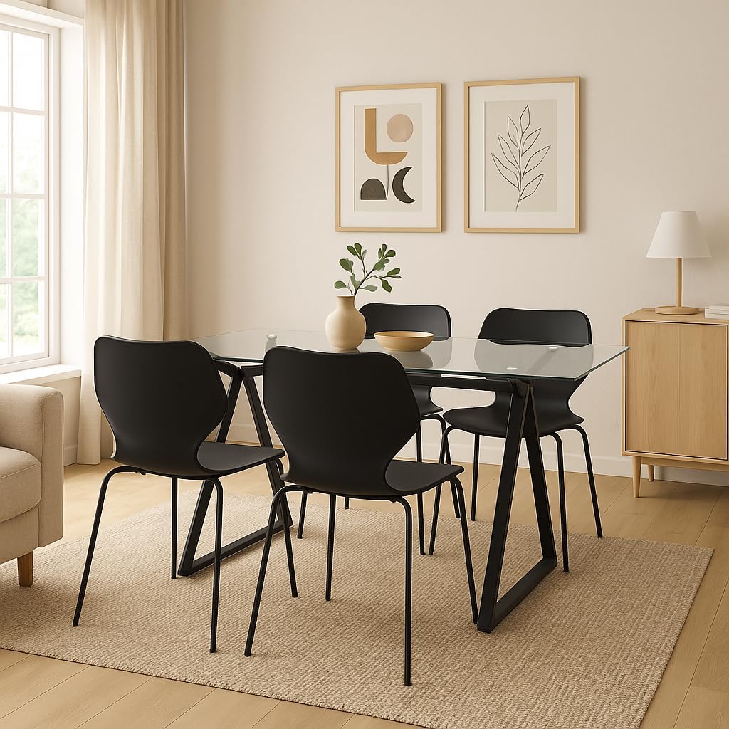 Brigros WeHome - Tavolo Da Pranzo Rettangolare Smart Con Top In Vetro Temperato, Tavolo Cucina, Tavolo Salotto, Tavolo Da Cucina Con Gambe In Ferro,arredamento Casa, 150x90x75 Cm (Nero)