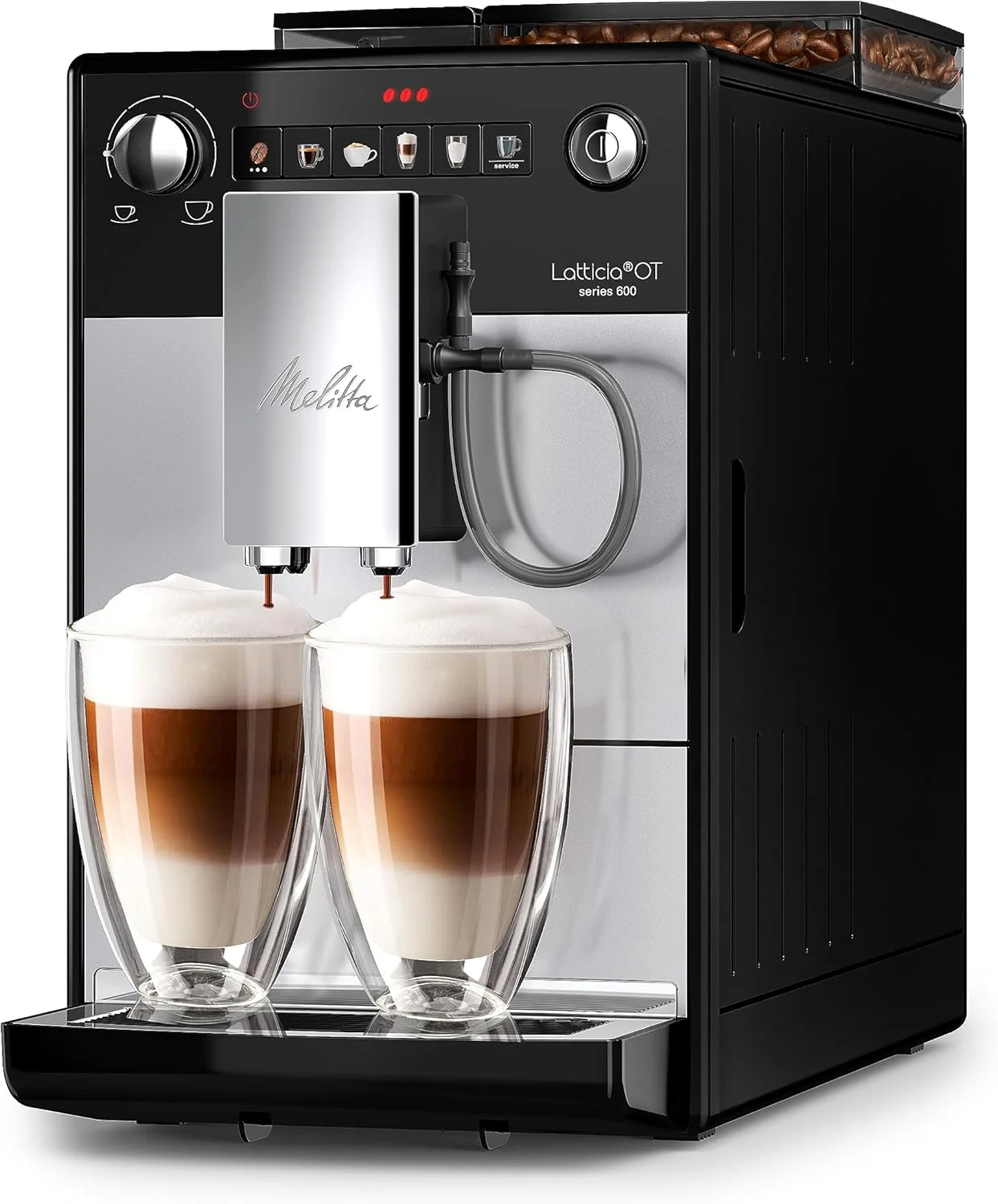 Melitta Latticia OT - Volautomatische koffiemachine met melksysteem, koffiemachine met bonenmaler voor bijv. koffie of cappuccino, zilver/zwart