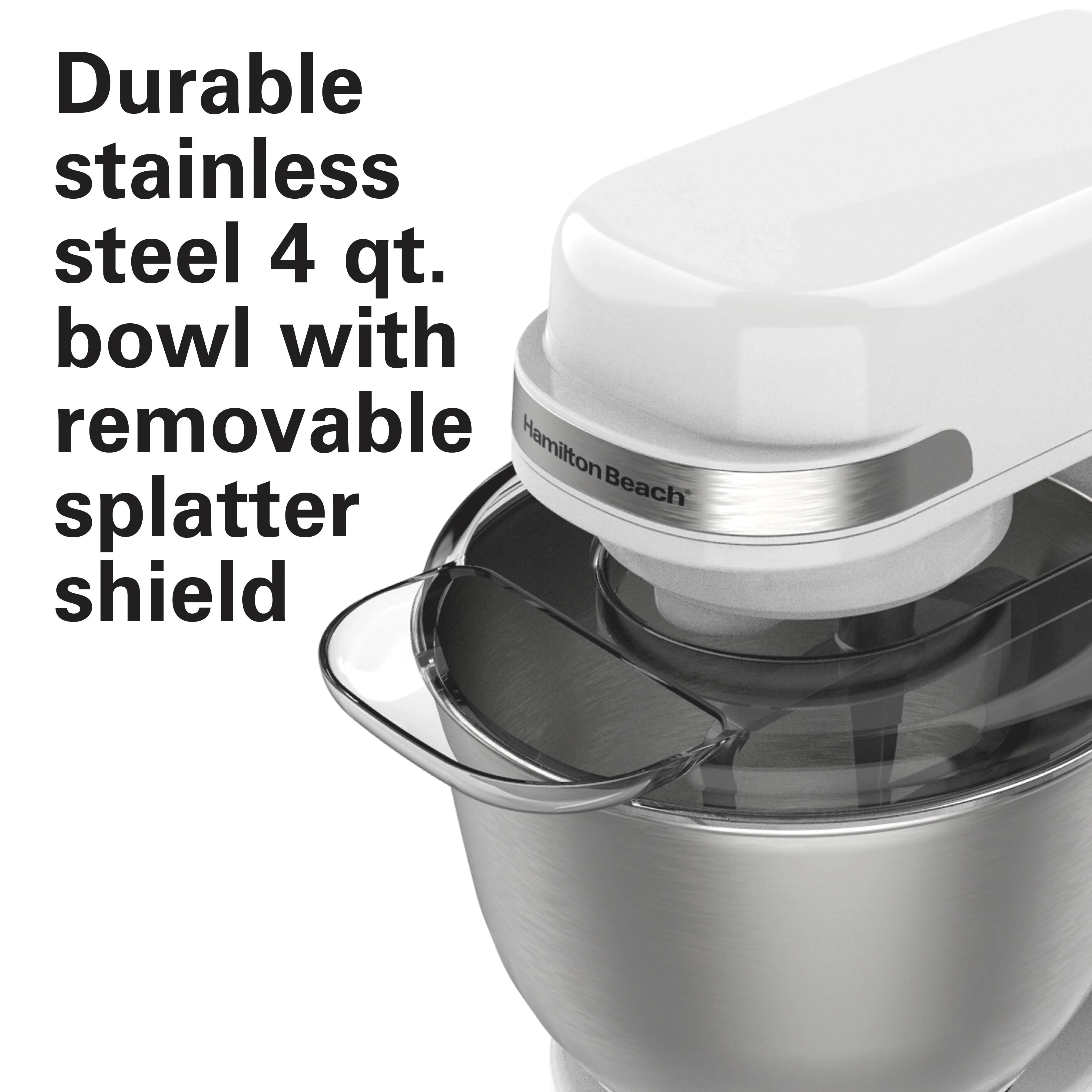 Hamilton Beach 4 Quart Stand Mixer for Kitchen, 7 Speeds, Tilt-Head, Dough Hook, Whisk & Flat Beater, White