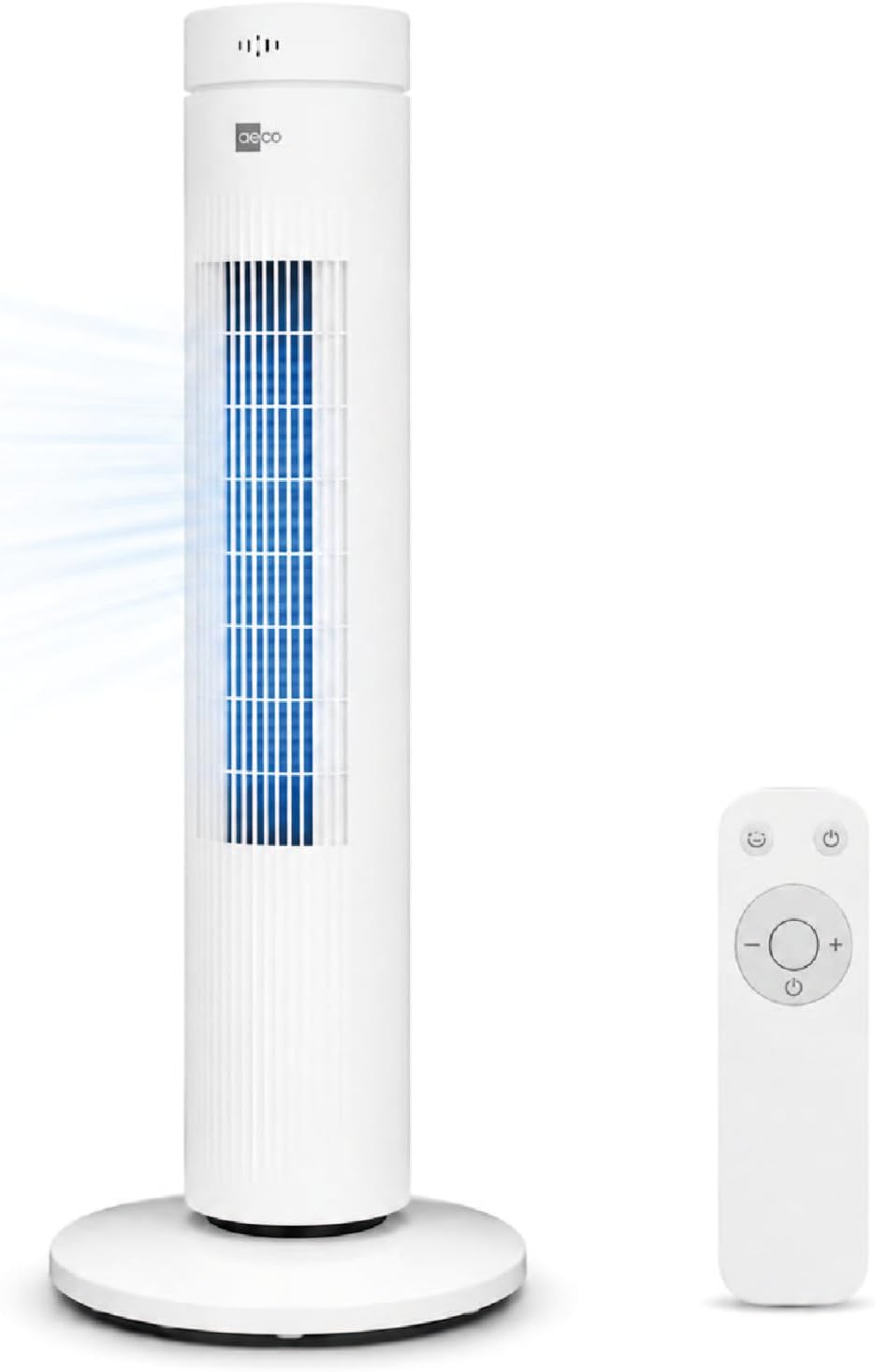 aeco AirX SPIN Turmventilator mit Fernbedienung, 76 cm Höhe, 60° oszillierender Ventilator mit Timerfunktion (7H), 3 Geschwindigkeiten, Power-Off-Funktion, leise für Schlafzimmer und Büro, Weiß