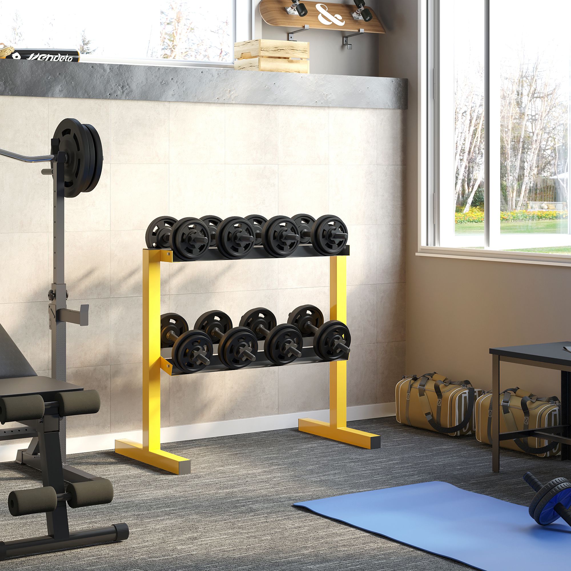 SPORTNOW Hantelablage für Kurzhanteln, bis 270 kg, 2 Ablagen, Stahlrahmen, gelb, 92,5 x 50,5 x 80,5 cm
