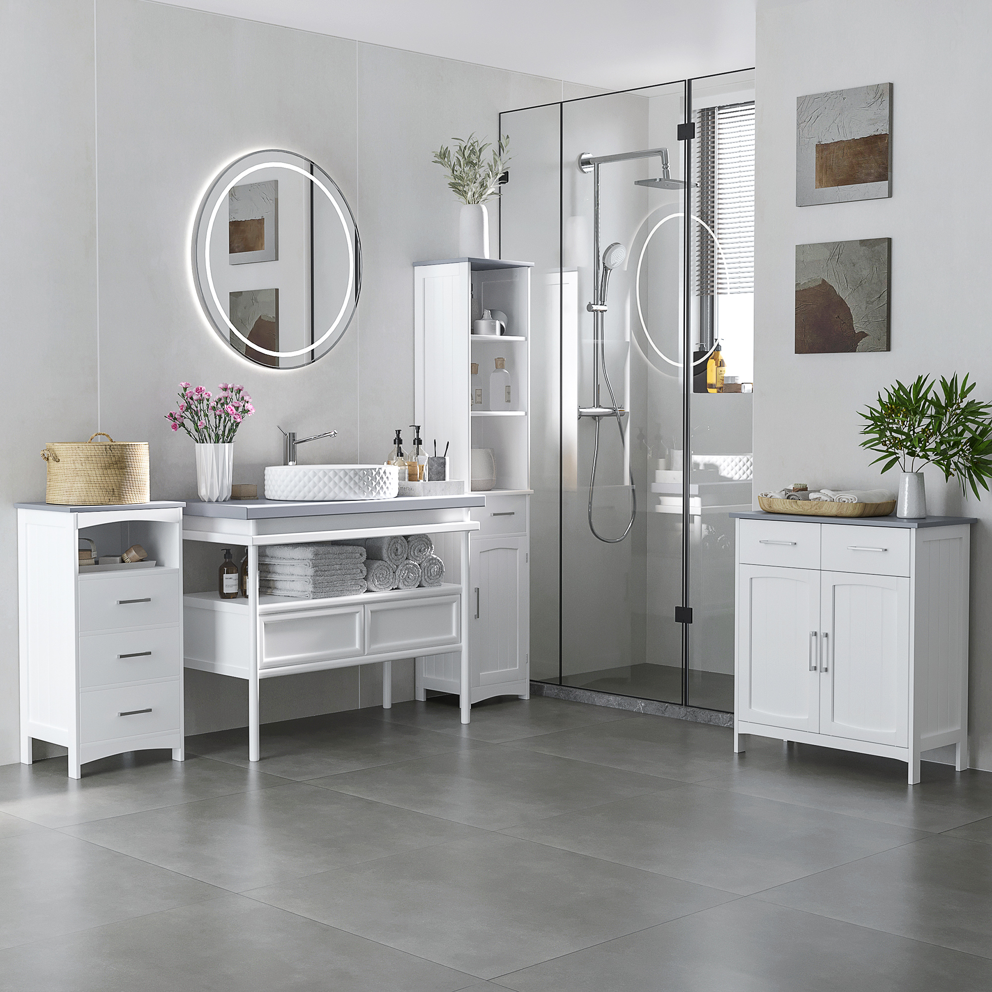 kleankin Badezimmerschrank Freistehender Badkommode Bademöbel Badschrank Schrank mit Schublade Weiß+Grau 40 x 33 x 80 cm