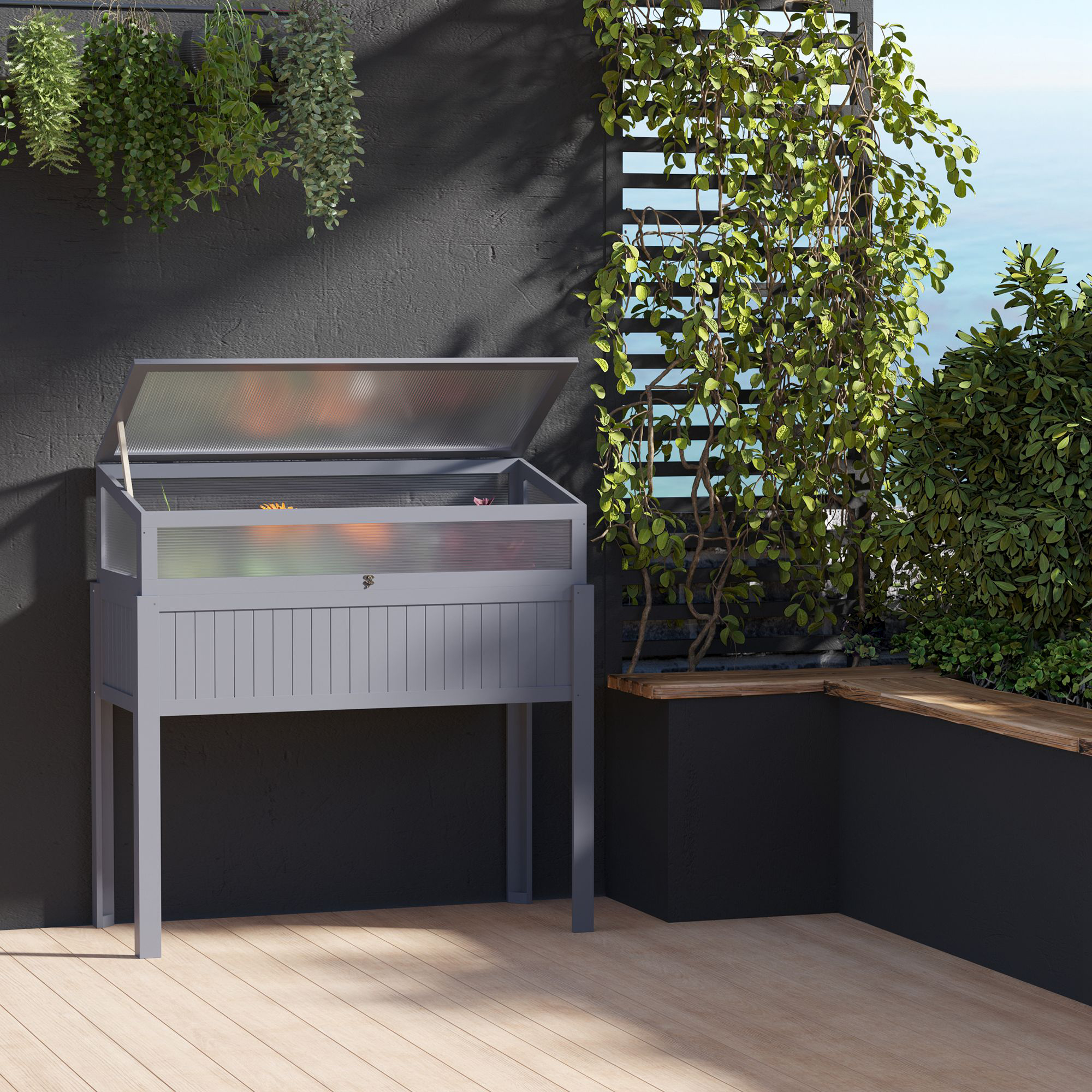 Outsunny Hochbeet Holz mit Frühbeet 2-in1 Gewächshaus Tomatenhaus Gemüsebeet Kräuterbeet Pflanzkasten für Garten Balkon und Terrasse Polycarbonat Grau 120 x 54 x 112/122 cm