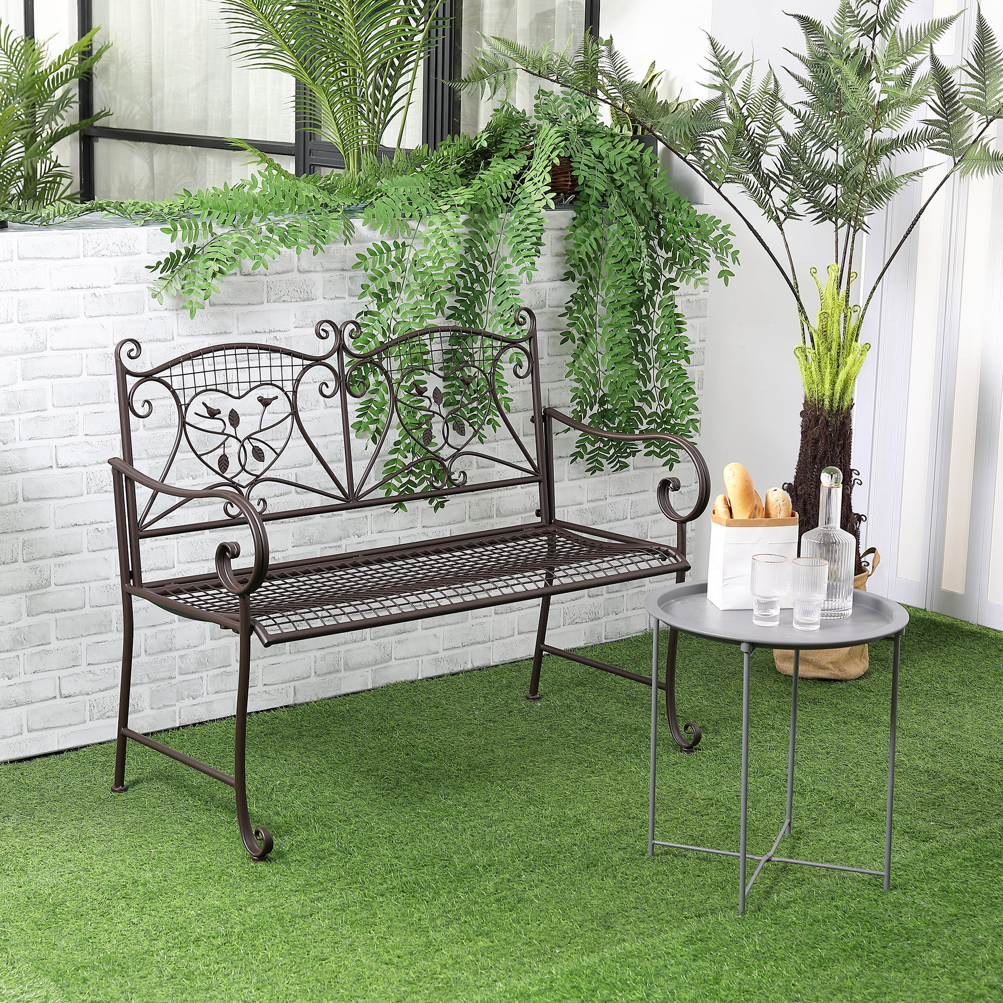 Outsunny Gartenbank 2-Sitzer Parkbank Sitzbank mit Rückenlehne bis 220 kg Gartenmöbel wetterfest Antik Metall Kaffee 114 x 53,5 x 91 cm