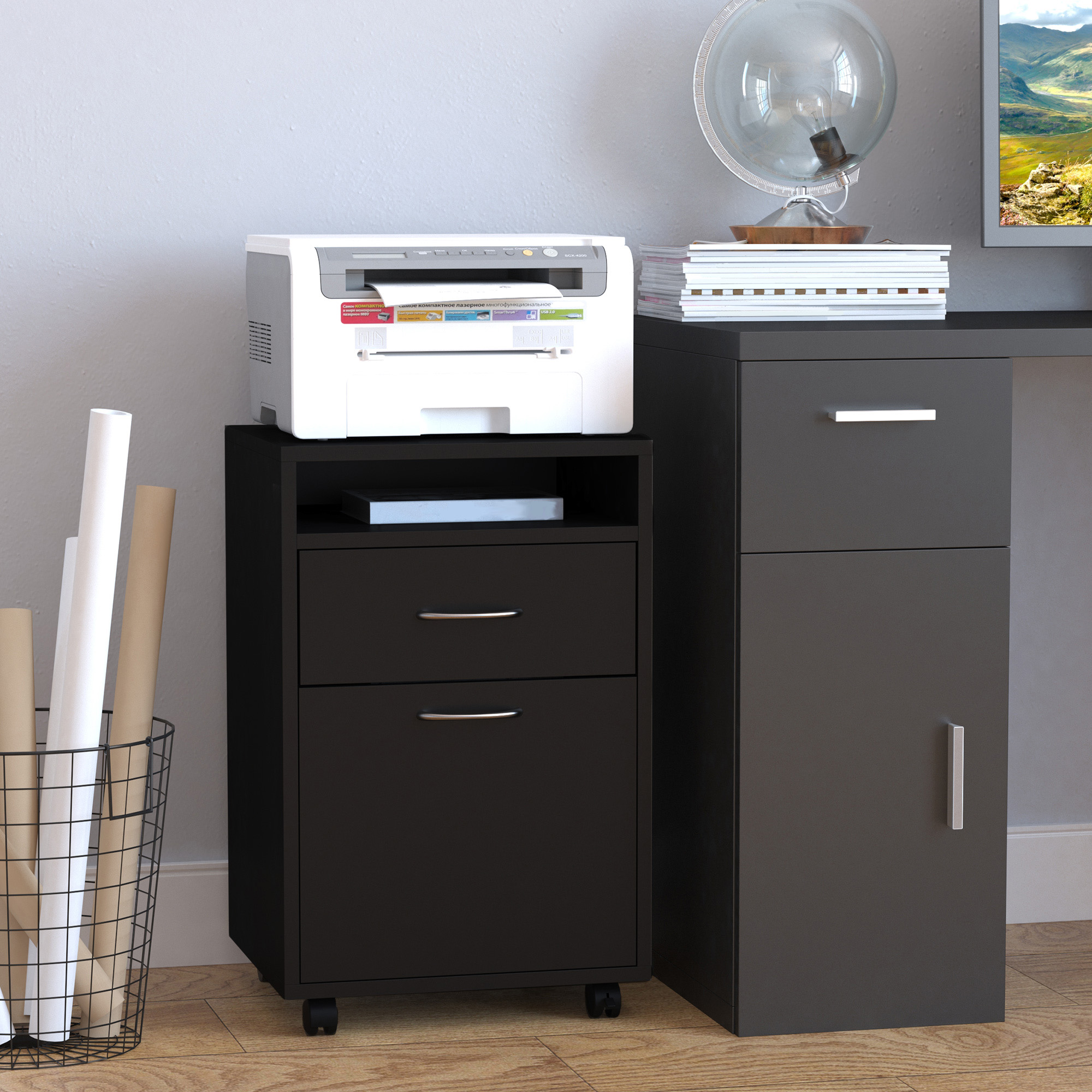 HOMCOM Rollcontainer, Aktenschrank, Bürocontainer mit Schublade, Büroschrank, Aufbewahrung Container, Spanplatte, Schwarz, 40 x 35 x 60 cm