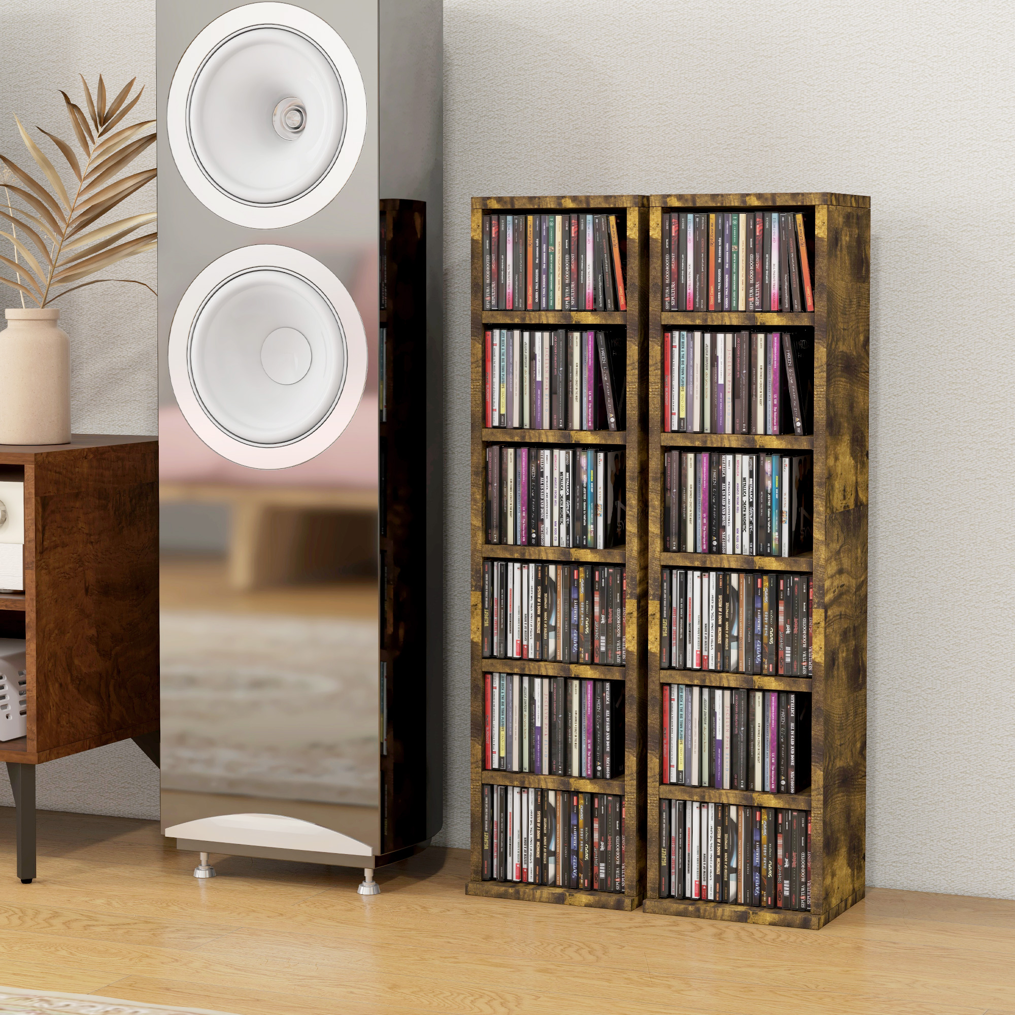 HOMCOM Set aus 2 Säulenregalen CD-Aufbewahrungsschrank 12 Fächer 21 x 22,5 x 88,5 cm Kapazität 204 CD rustikales Braun