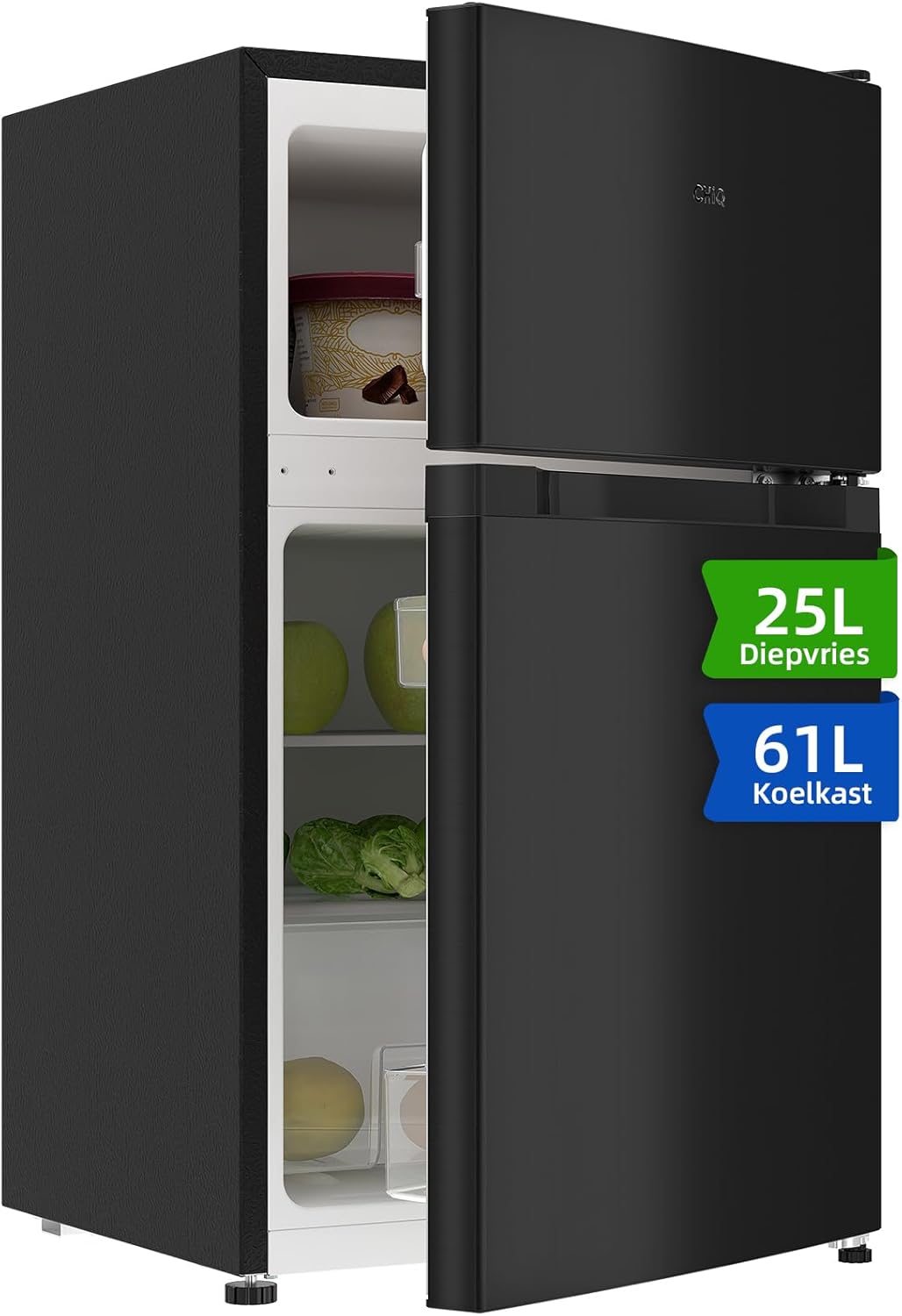CHIQ CTT107BC Kühlschrank Klein 107 Liter, Höhe 84cm, Tiefe 55cm, Platzbedarf nur 0,3 ㎡, Mikro-Gefrierfach, Vario Box, 7 Temperaturregelstufen, geräuscharm, 87 kWh/Jahr, Schwarz