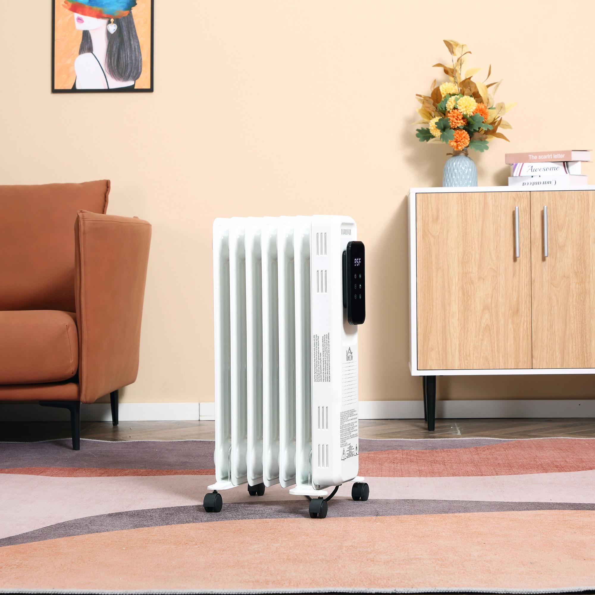 Eccomum 1500W 7 Fin Oil Filled Radiator Electric Space w/ Remote & Wheels, White
