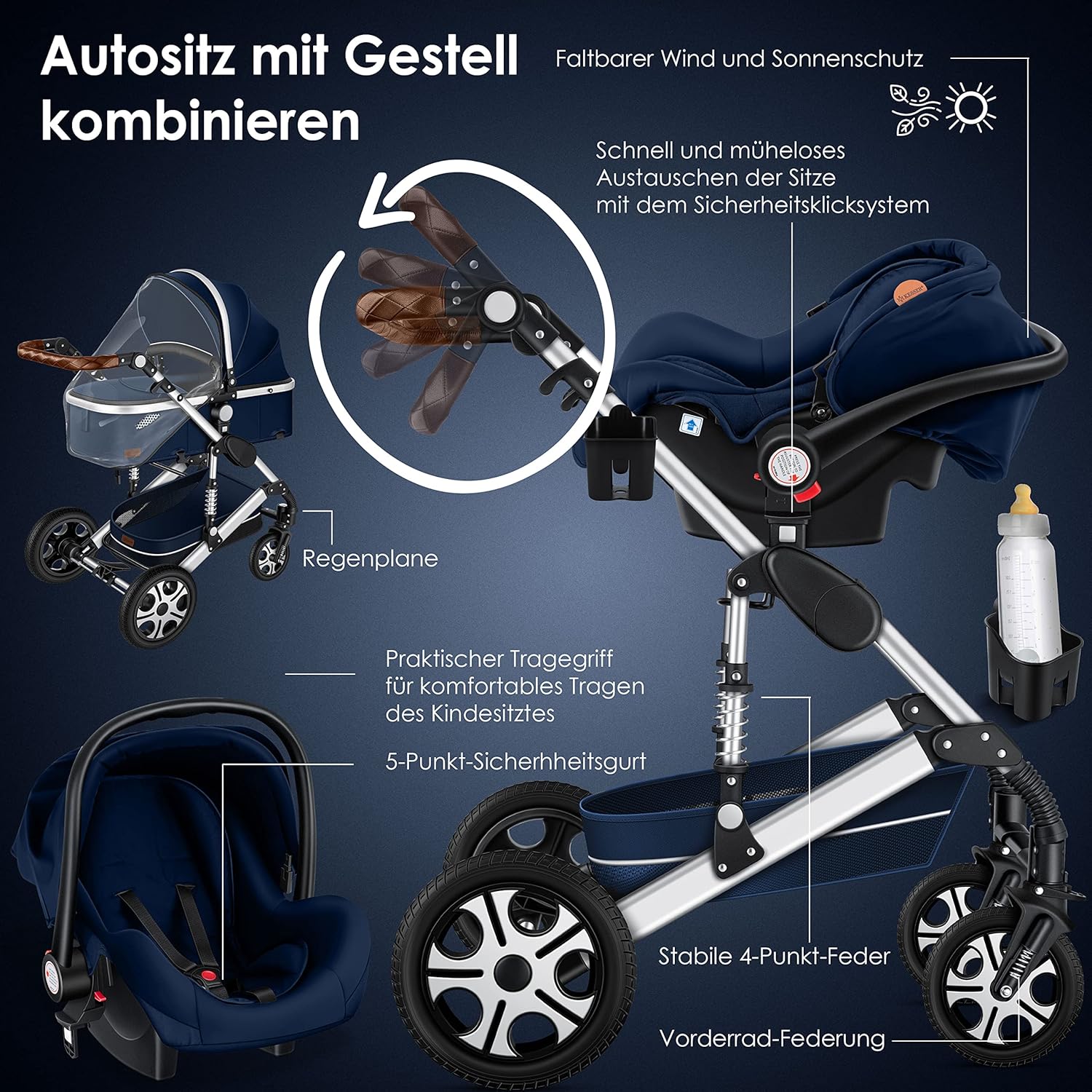 KESSER® Loops 3 in 1 Kinderwagen Kombikinderwagen Komplett-Set inkl. Babywanne & Buggy Sportsitz & Auto-Babyschale Voll-Gummireifen Wickeltasche Regenschutz Kindertisch ECE R129, Schwarz/Schwarz