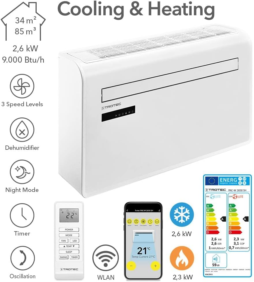 TROTEC Wandklimaanlage PAC-W 2650 SH – 4-in-1 Klimaanlage ohne Außengerät mit Heizfunktion, 2,6 kW Kühlleistung, WiFi-App-Steuerung, Inverter-Technologie, für Räume bis 34 m²