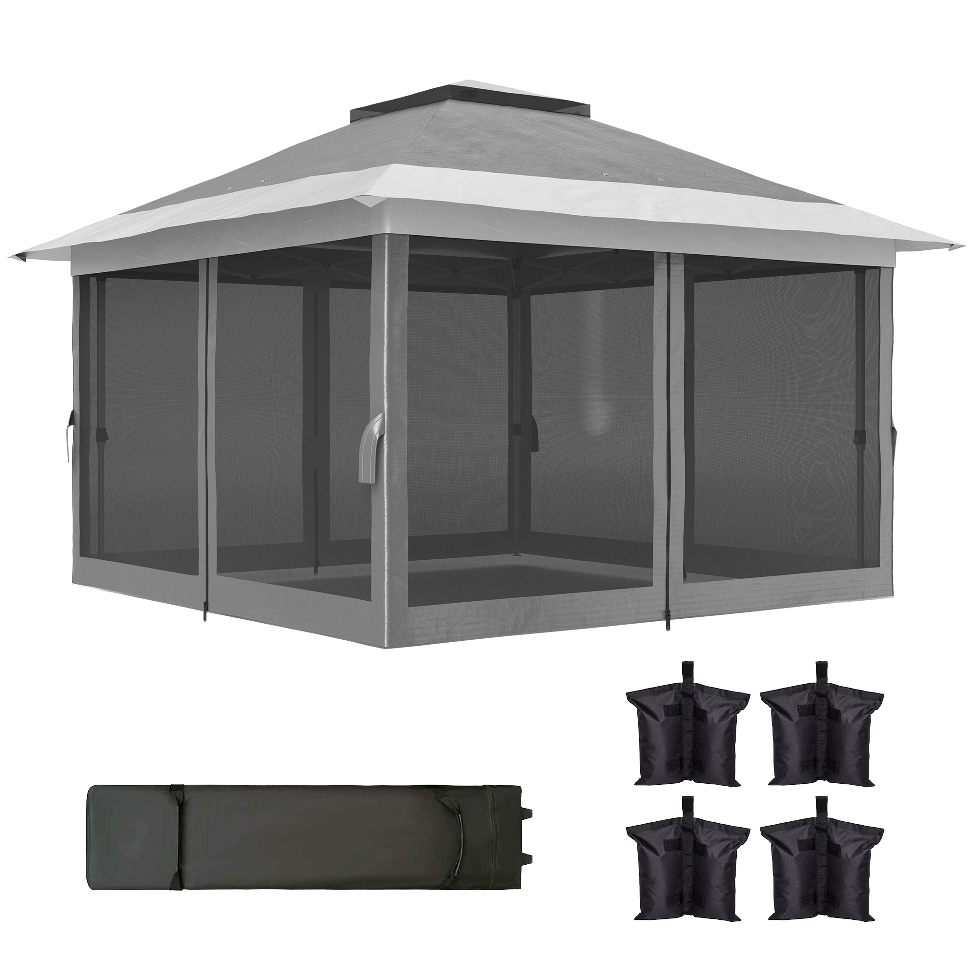 Outsunny Faltbares Pavillon 3,6x3,6 m mit Seitenwänden, Höhenverstellbar und UV-Schutz UPF50+, Tasche mit Rollen, Dunkelgrau